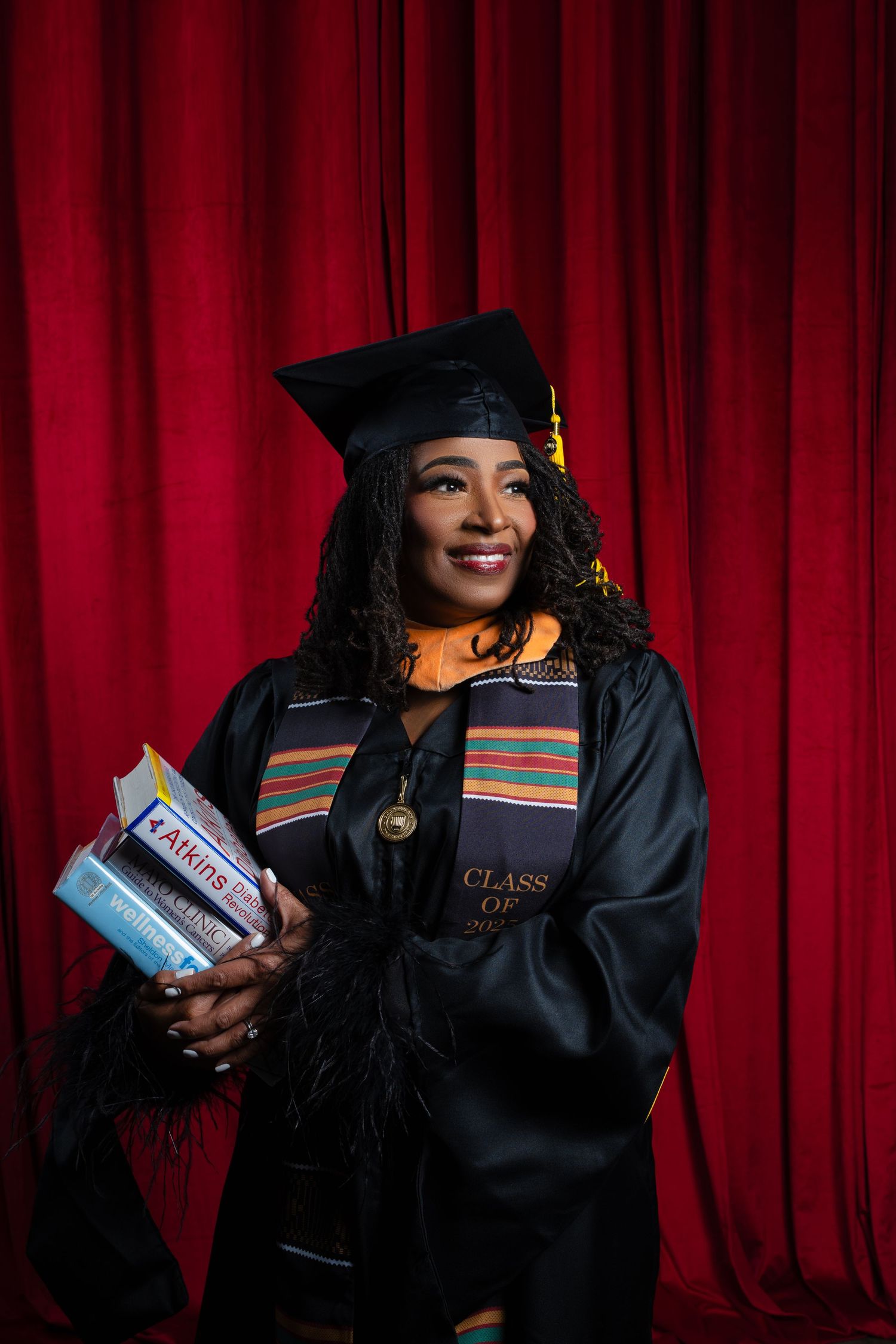 Graduate in cap and gown holding a diploma against red curtain background in progressive photo sequence.