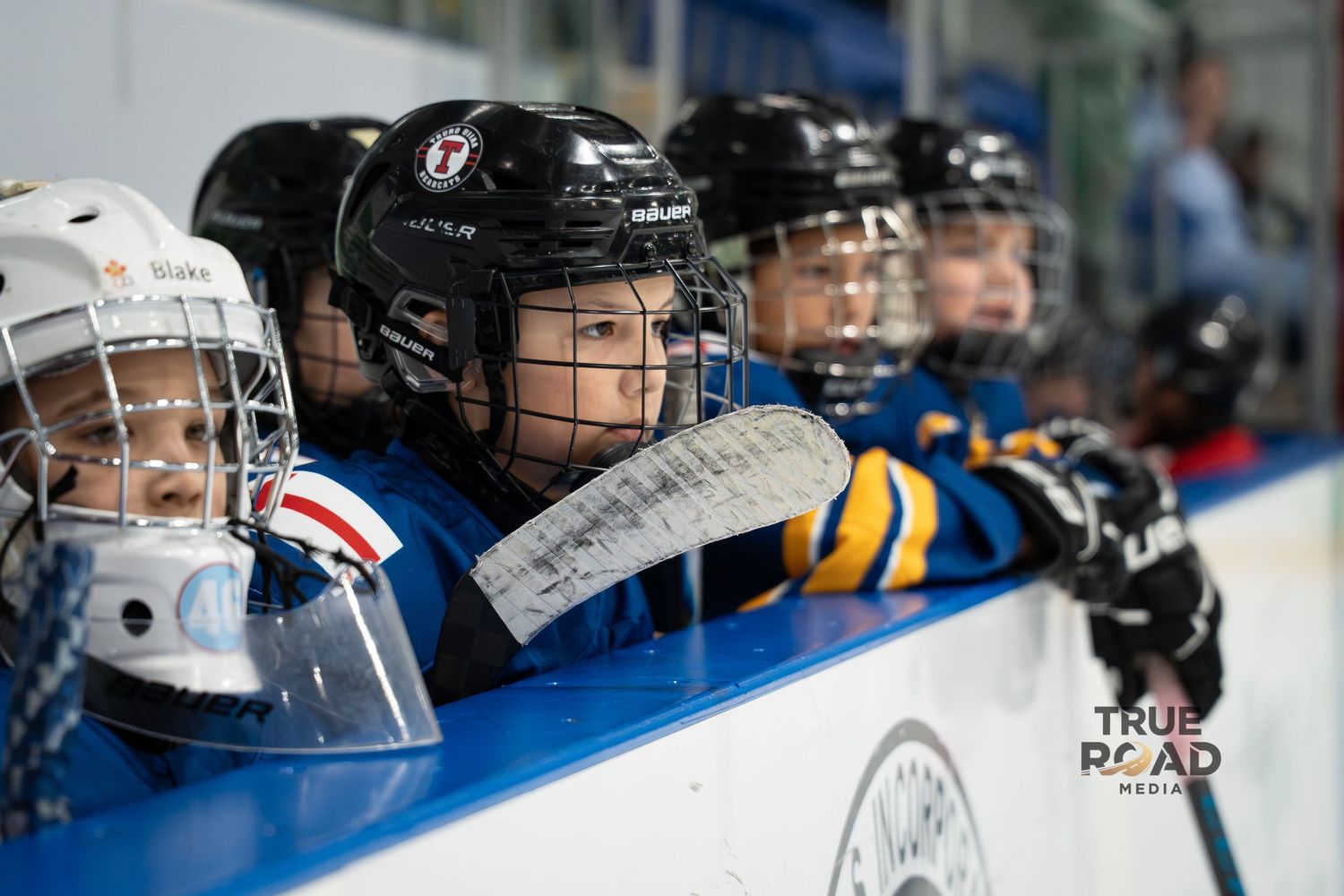 Close-up view of hockey players in helmets and protective gear lined up along the boards during a game.