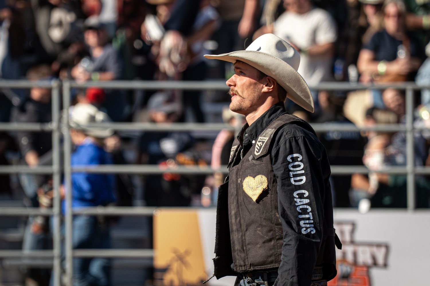 Crowd watching intense rodeo action from stadium bleachers.