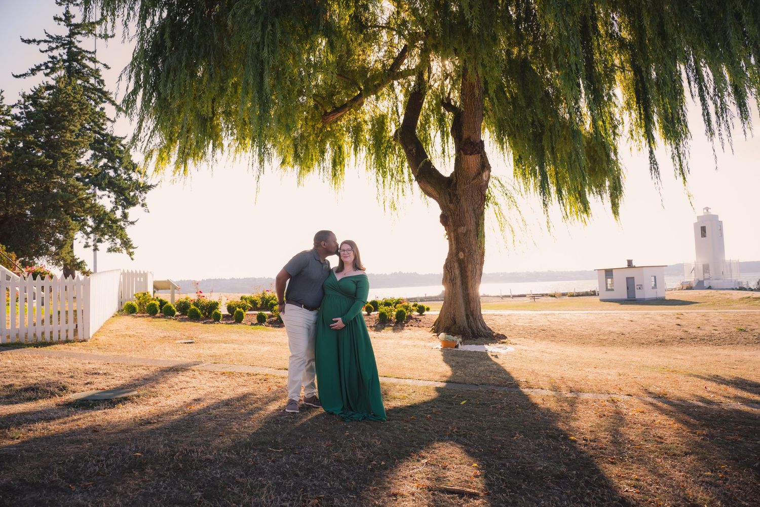 A romantic sunset silhouette under a weeping willow tree with warm golden light filtering through the branches.
