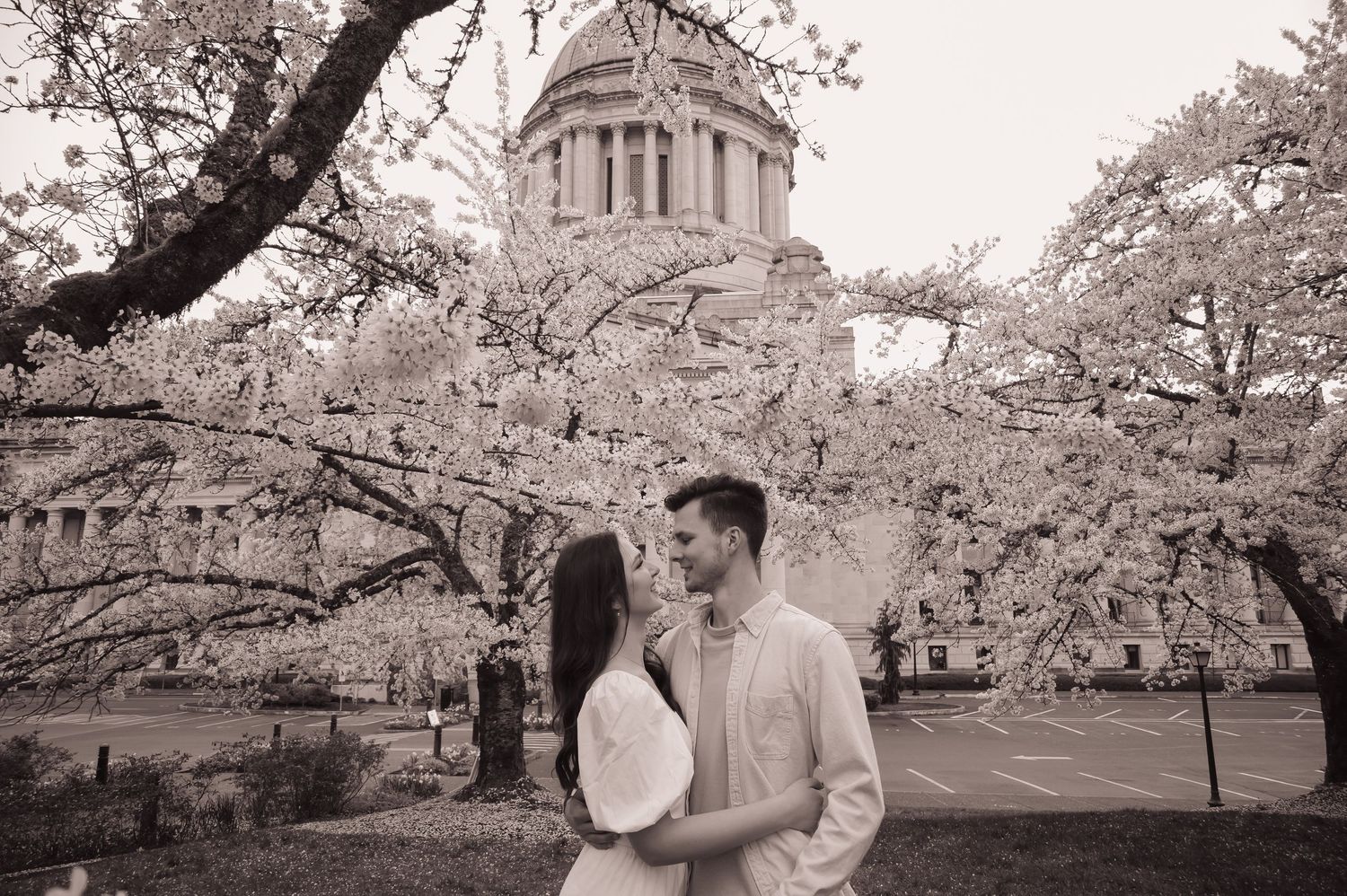 Cherry blossom trees in full bloom frame a couple sharing a romantic moment at the Jefferson Memorial in Washington DC.