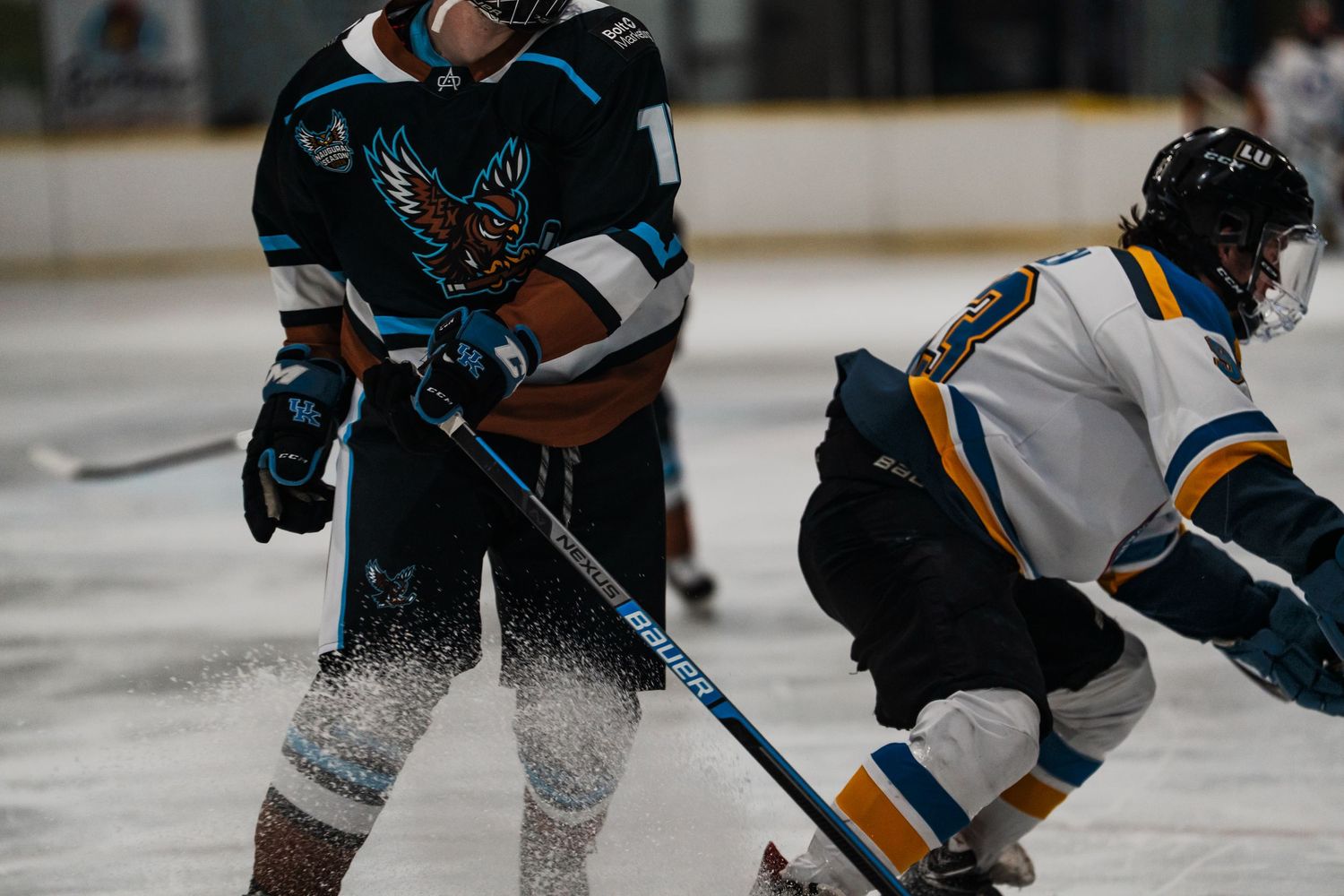 Two hockey players compete for the puck on the ice during a game.