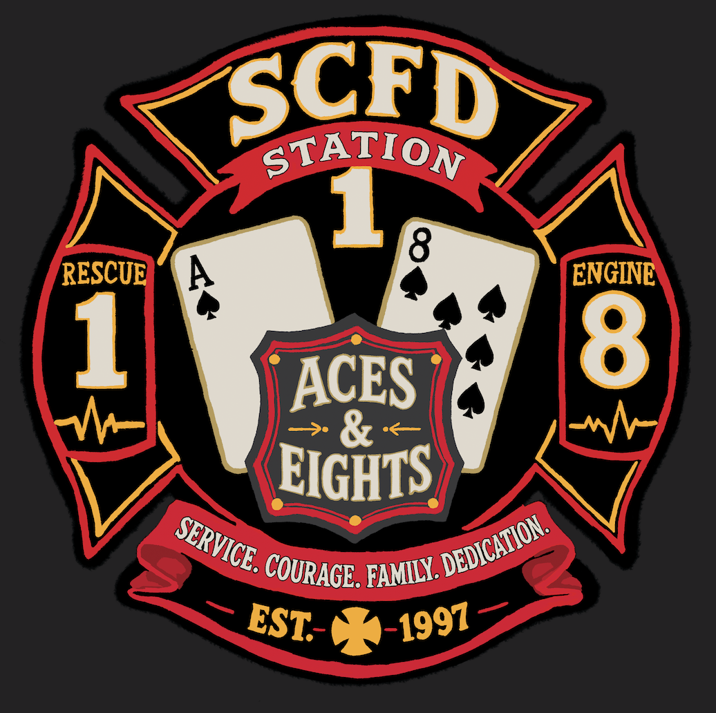 SCFD Station 1 Aces & Eights fire department emblem with Rescue 1 and Engine 8, established 1997.