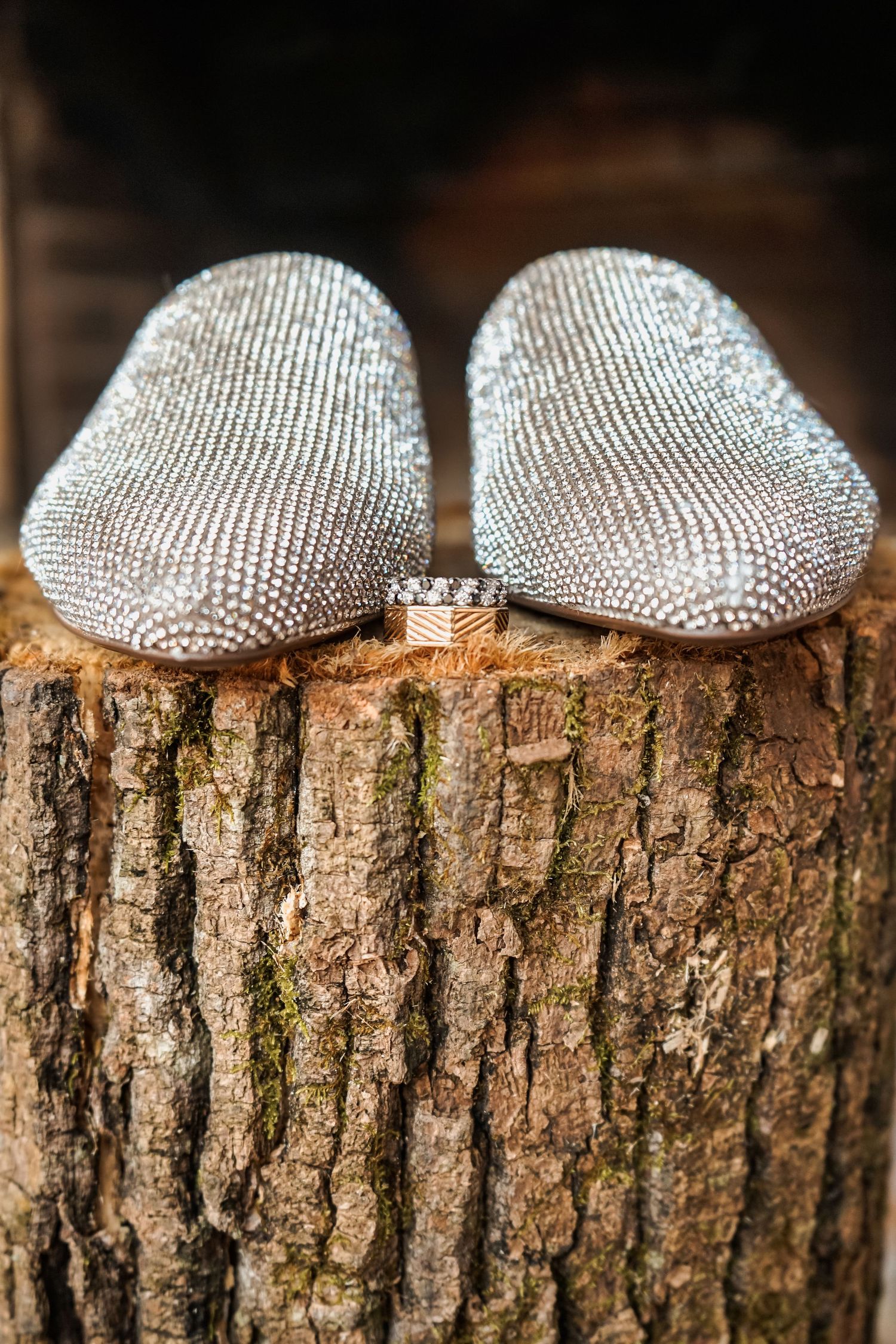 Sparkling silver shoes and diamond engagement ring displayed on rustic tree stump in wedding detail photo.