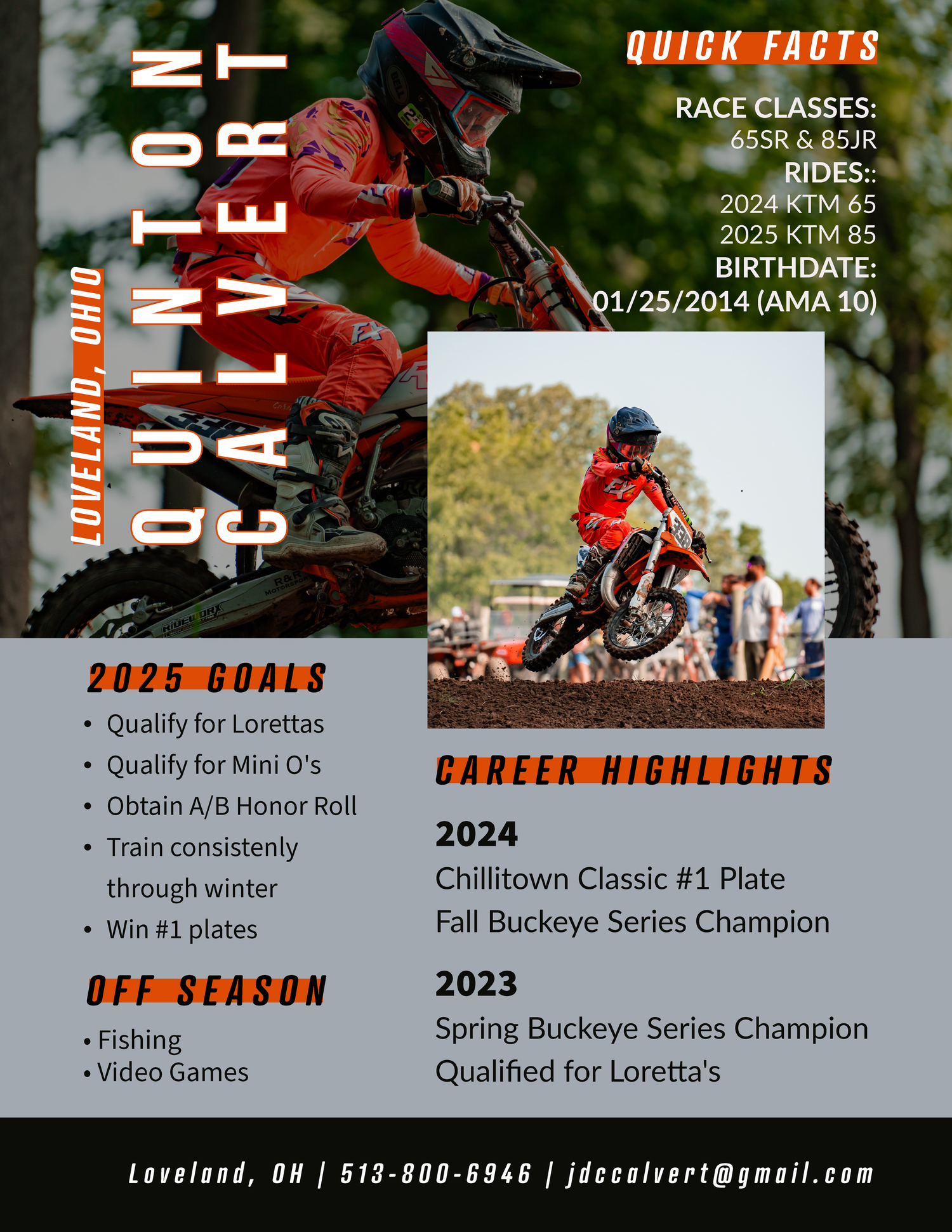 Professional motocross racing statistics and career highlights displayed on dark background.
