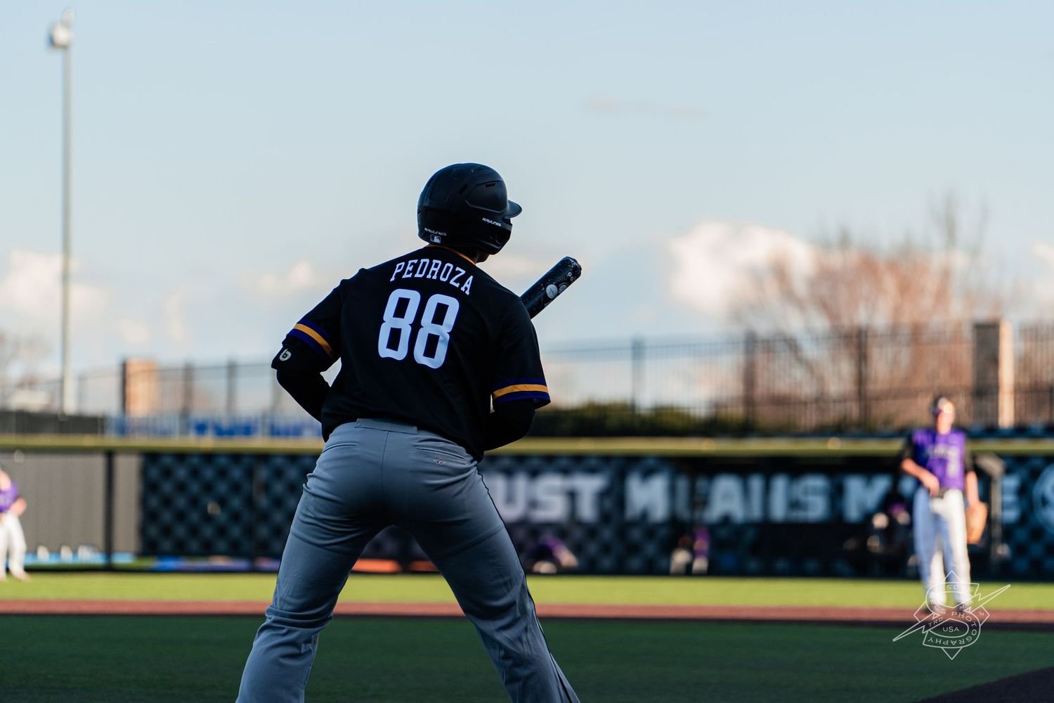 Baseball player in dark uniform takes position at home plate during a game.