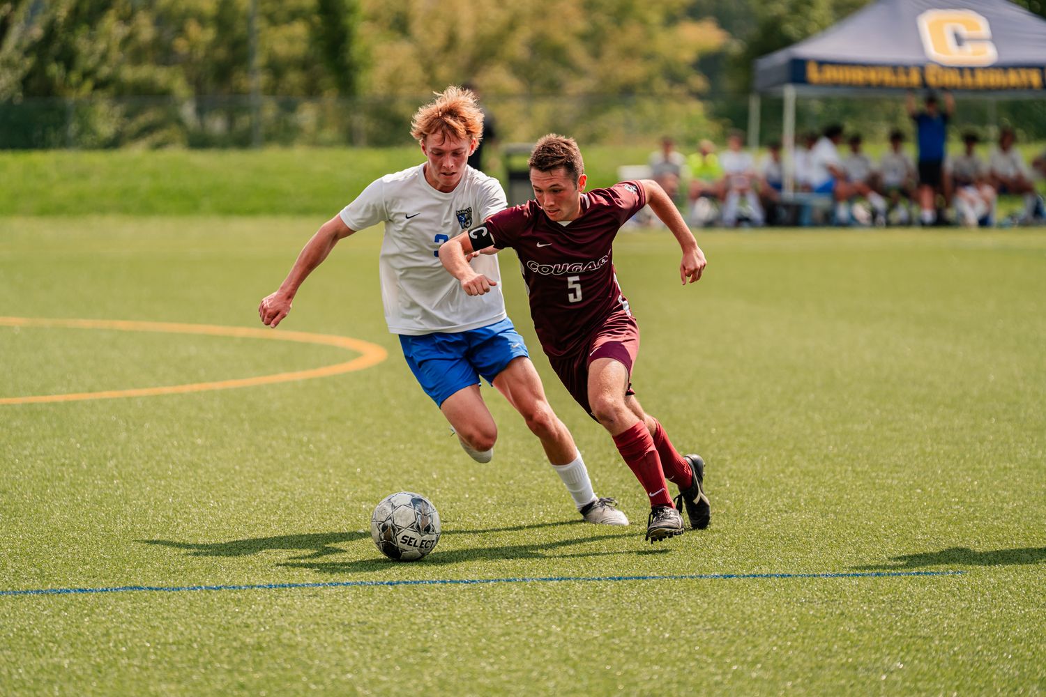 Soccer players chase after the ball during an intense match on a green field.