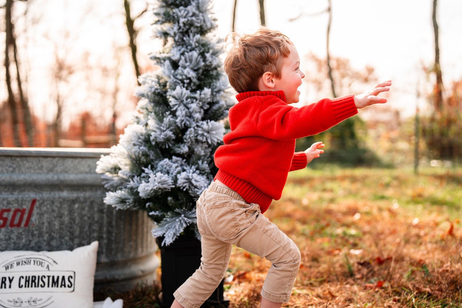 Energetic outdoor scenes in autumn with red clothing against frosted trees.