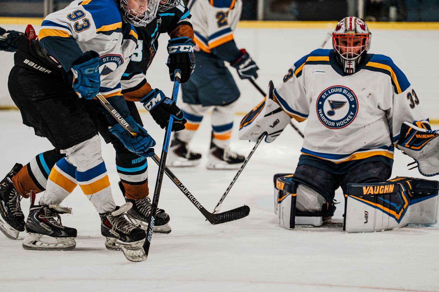 Two hockey players competing for the puck on the ice in front of a goaltender.