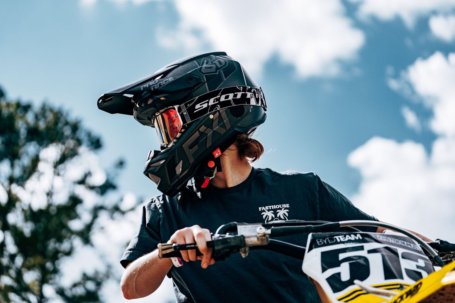 A person wearing a black motorcycle helmet and riding a dirt bike on a dirt track.