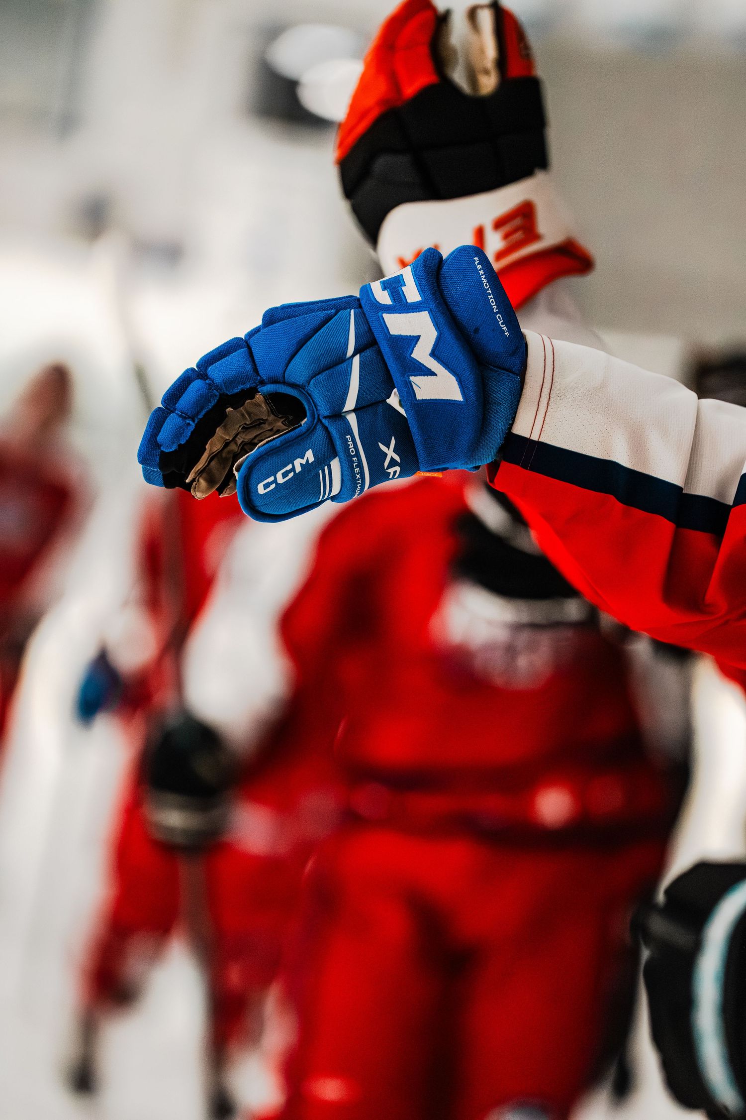 Close-up of hockey players in red and blue uniforms during game action.