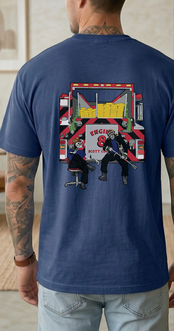 Navy blue firefighter t-shirt featuring Engine 8 Scott Co. graphic with fire truck and firefighter illustrations on the back.