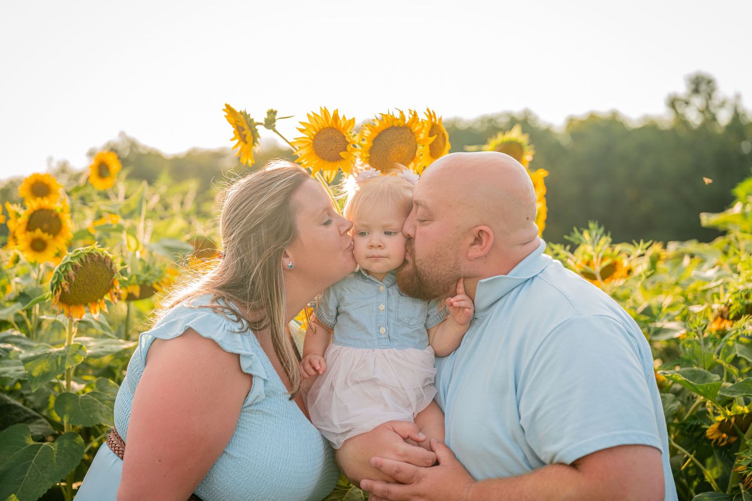 Family sharing tender moment in sunflower field during golden hour.
