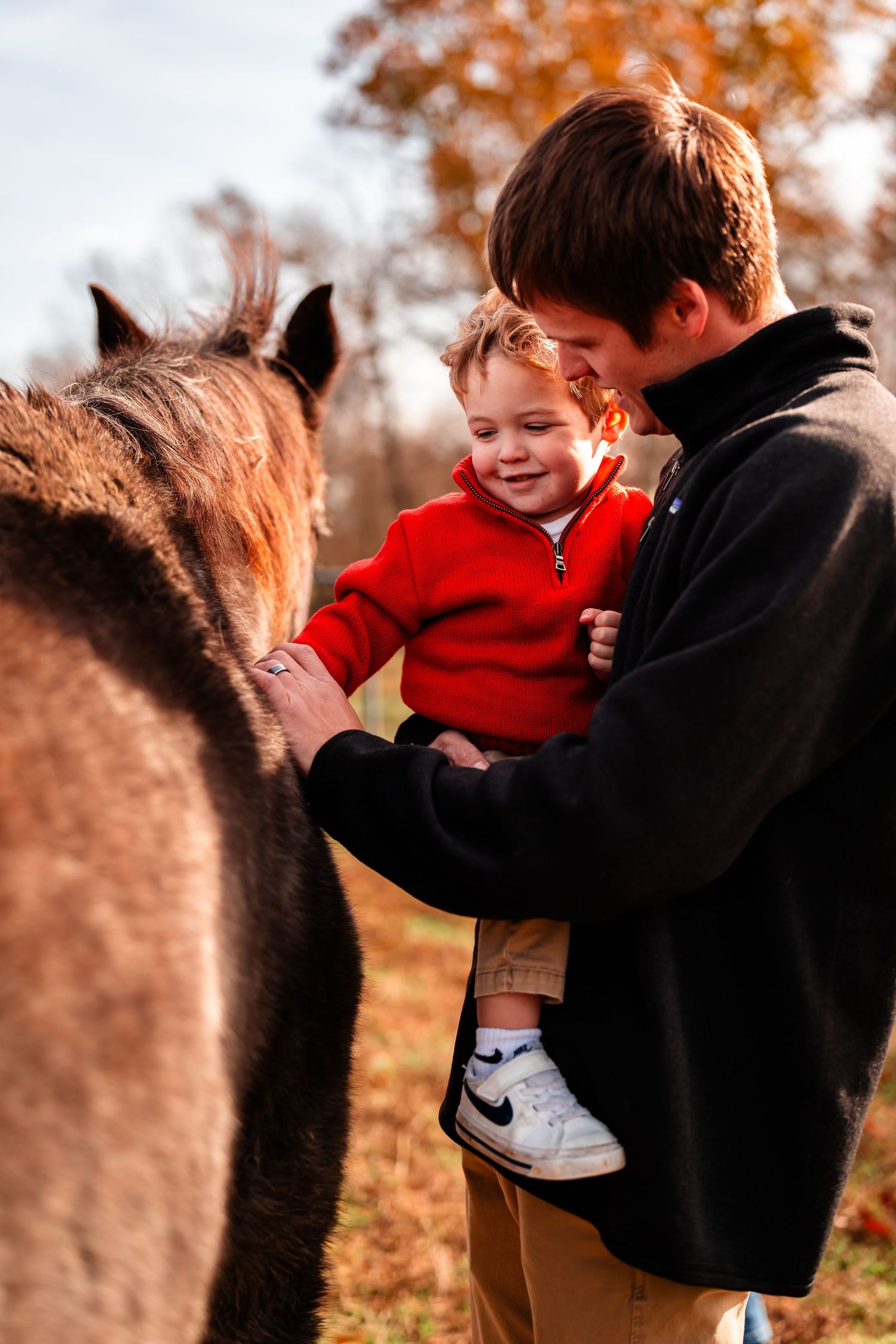 A heartwarming autumn scene shows a tender moment with a horse as a child in red is held up to pet it.