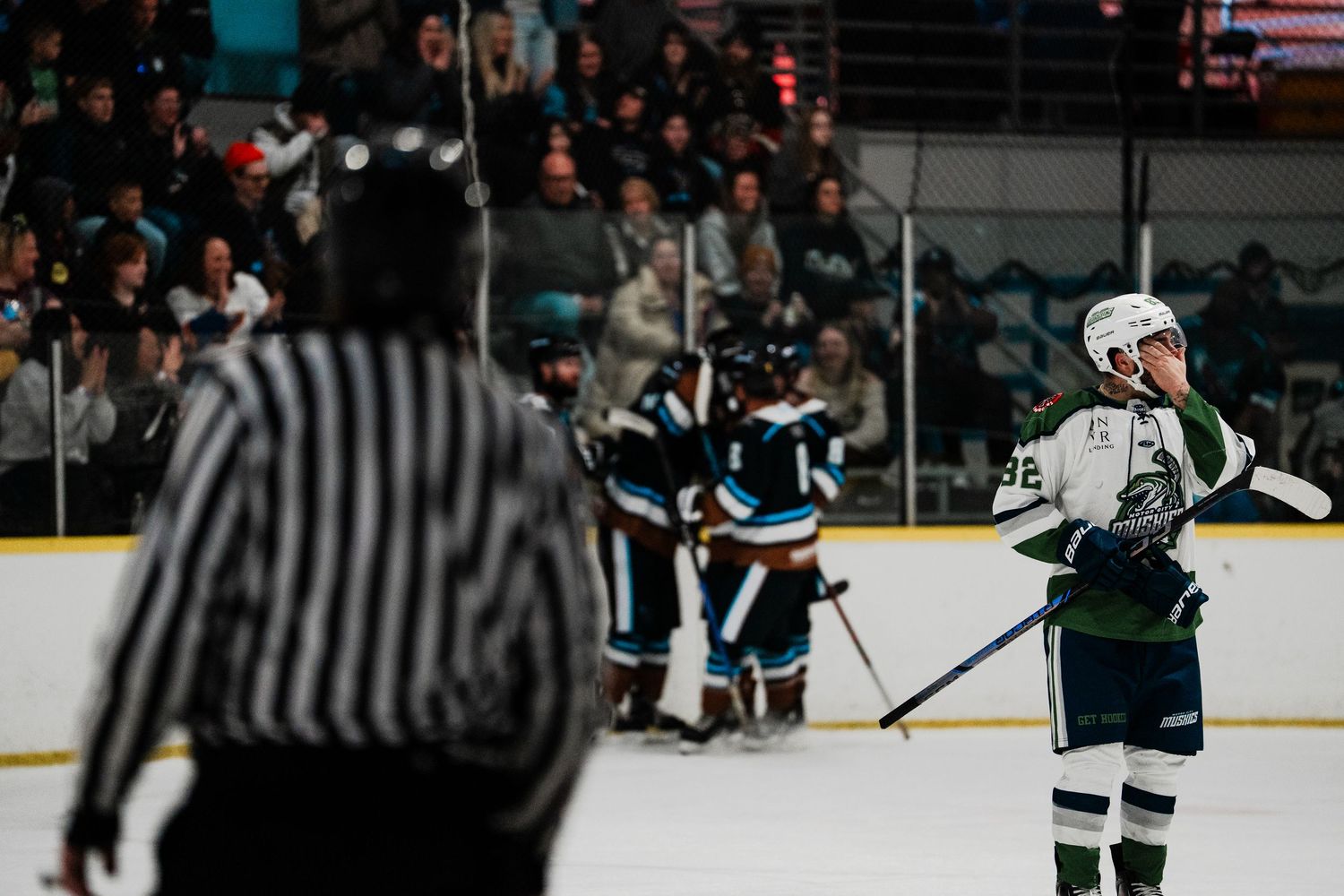 A hockey player stands on the ice, surrounded by spectators, with a referee in the foreground.