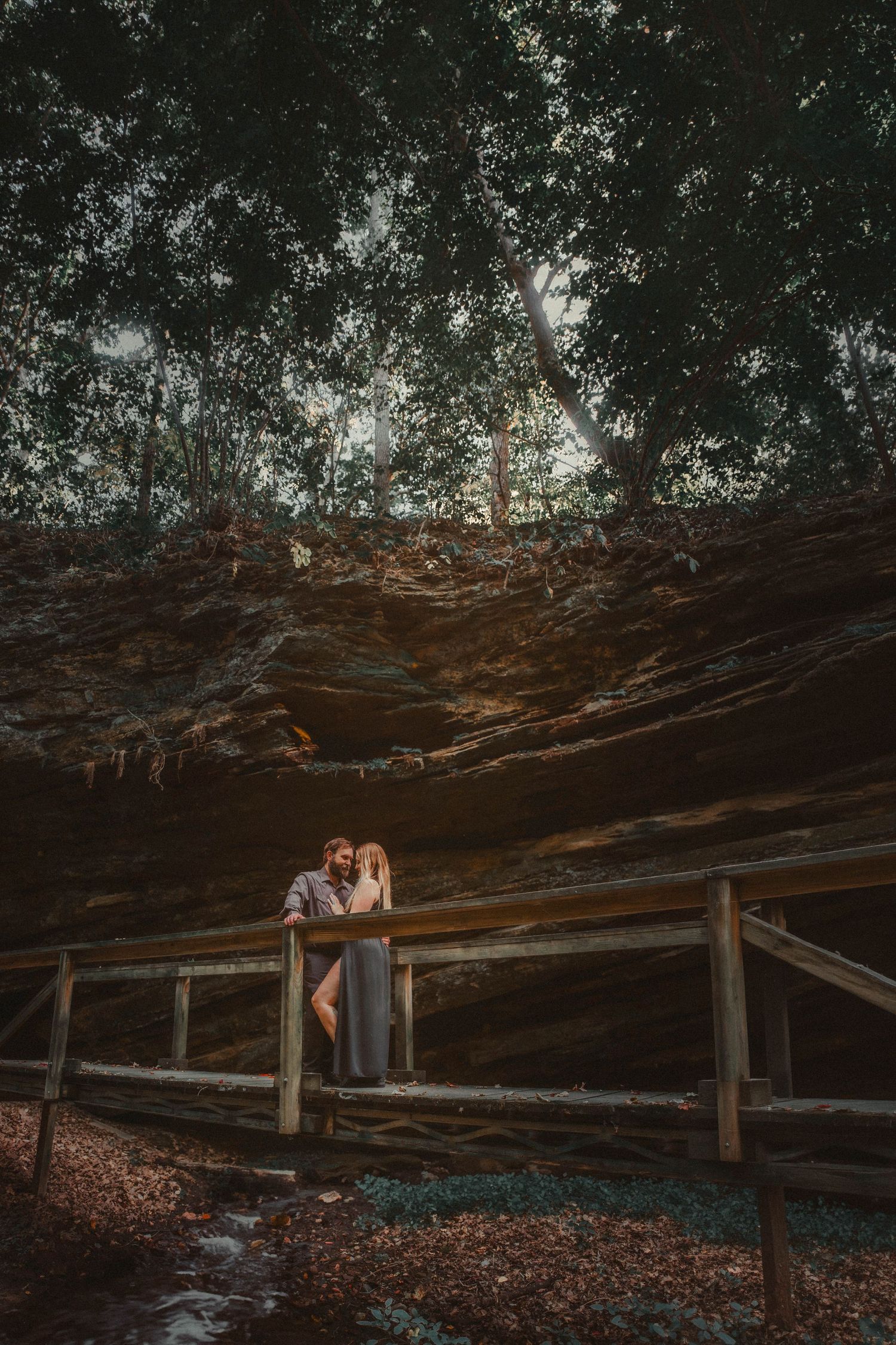 Couple posed on bridge at Portland arch, IN