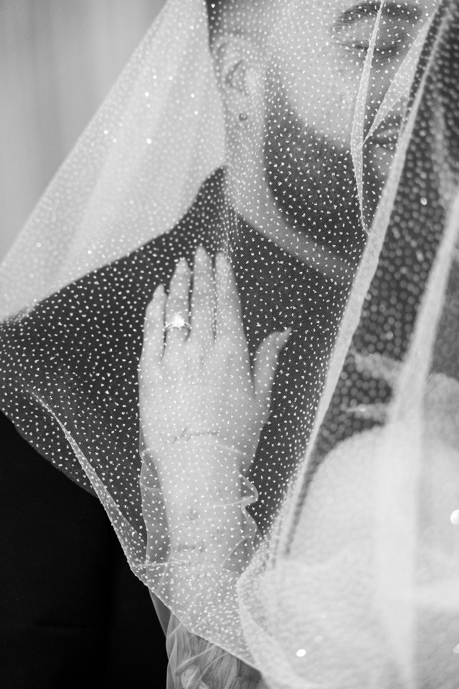 Close-up of dotted bridal veil texture with engagement ring in focus.