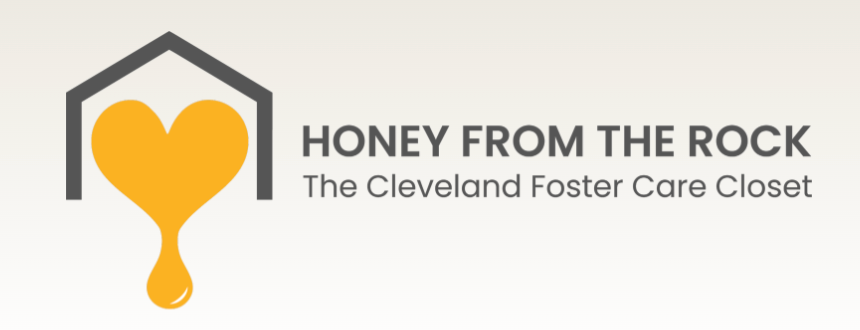 Logo for Honey From The Rock, The Cleveland Foster Care Closet, featuring a house outline with a golden heart dripping honey.