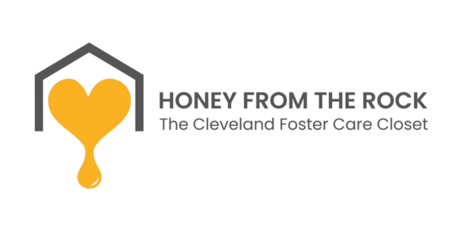 Honey From The Rock Cleveland Foster Care Closet logo with a gold heart and honey drop inside a house outline.