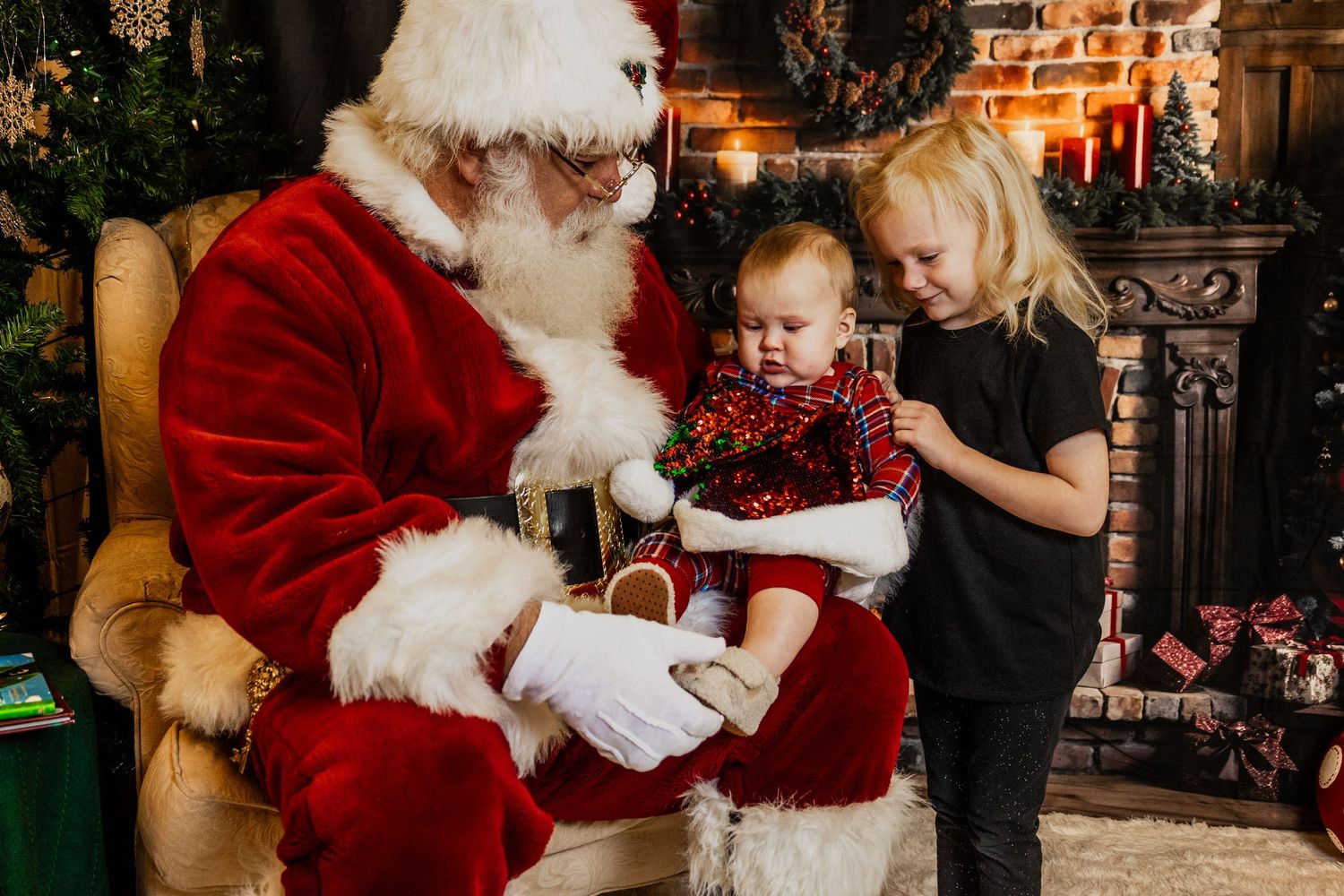 A series of holiday photos showing festive moments with Santa Claus in a traditional red suit and white beard.