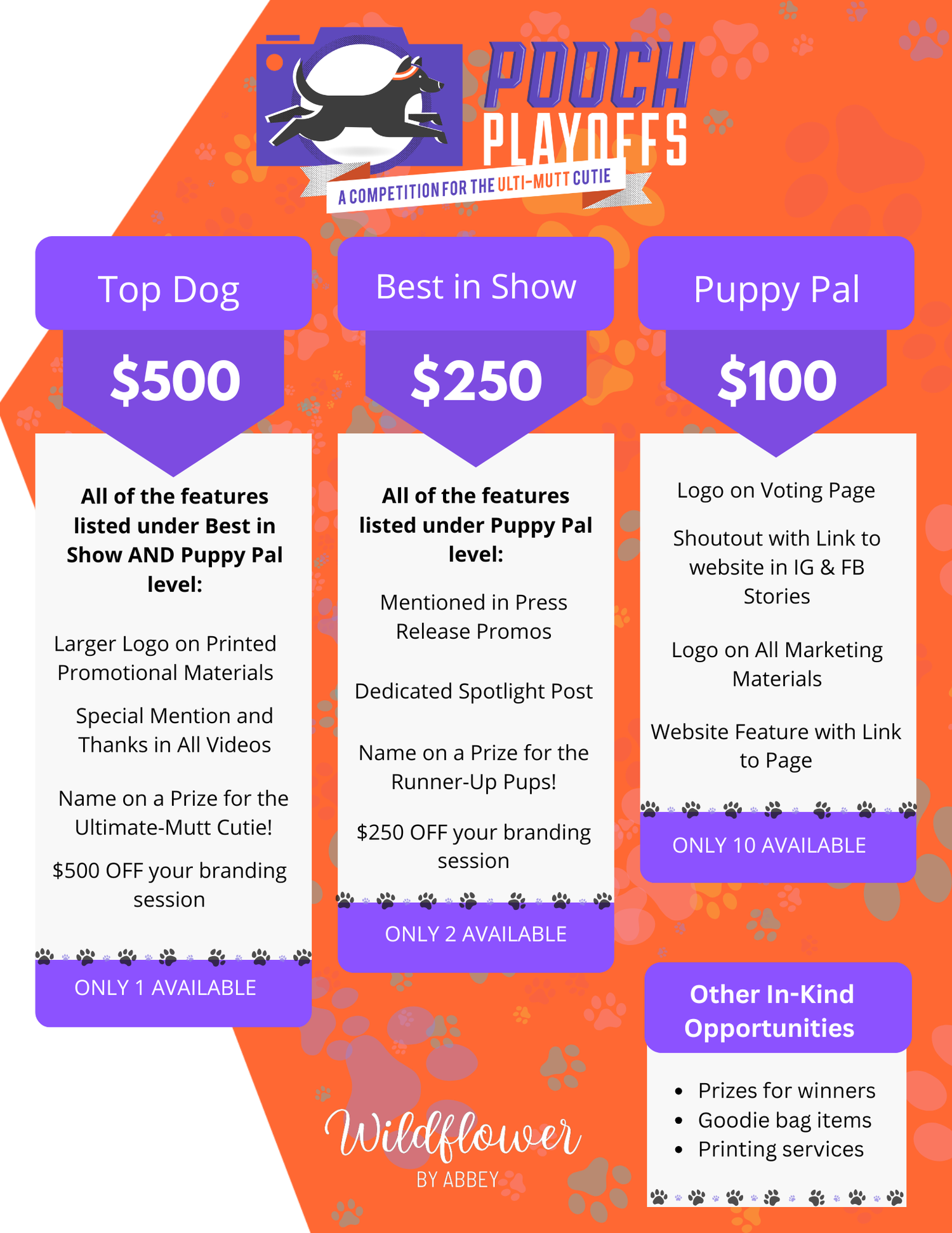 A pricing menu displaying three tiers - Top Dog ($500), Best in Show ($250), and Puppy Pal ($100) with features and benefits listed.
