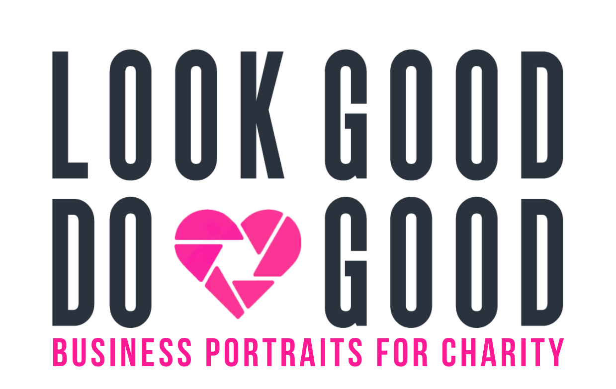 Logo for Look Good Do Good, a charity offering business portrait photography, featuring bold text and a pink heart camera lens icon.