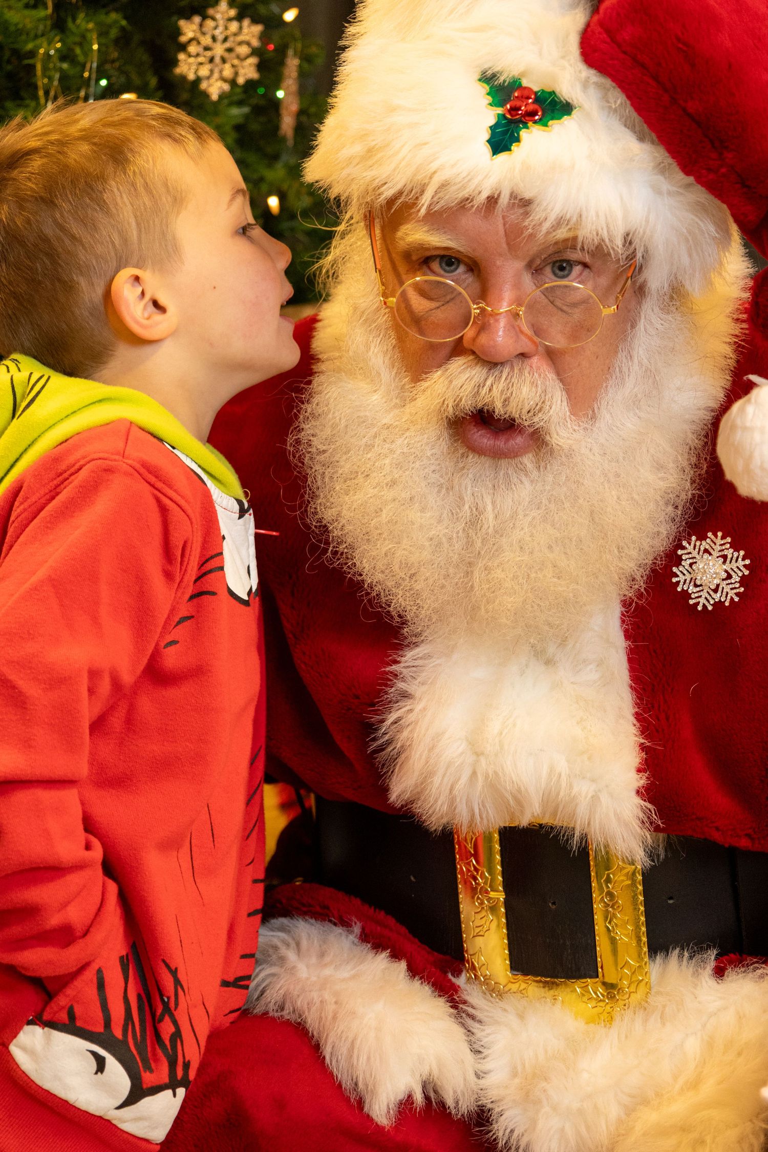 A series of close-up shots showing a child in red clothing whispering to Santa Claus during a Christmas visit.