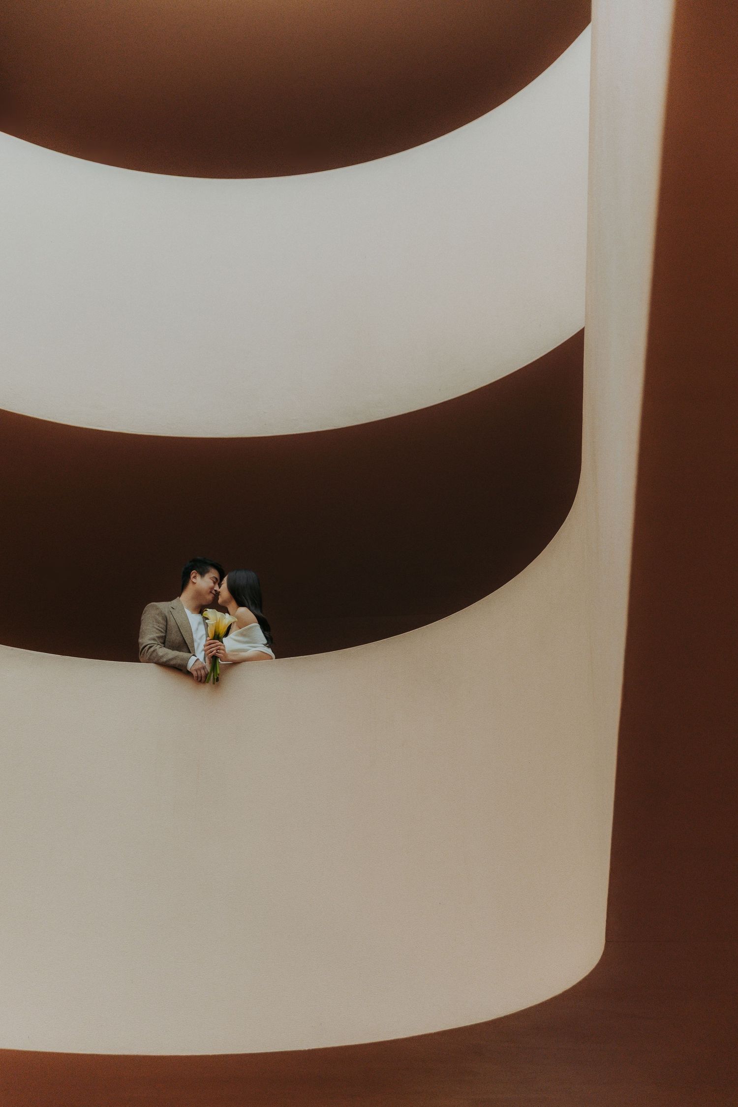 Minimalist architectural interior with curved brown and white walls creating dramatic shadows.