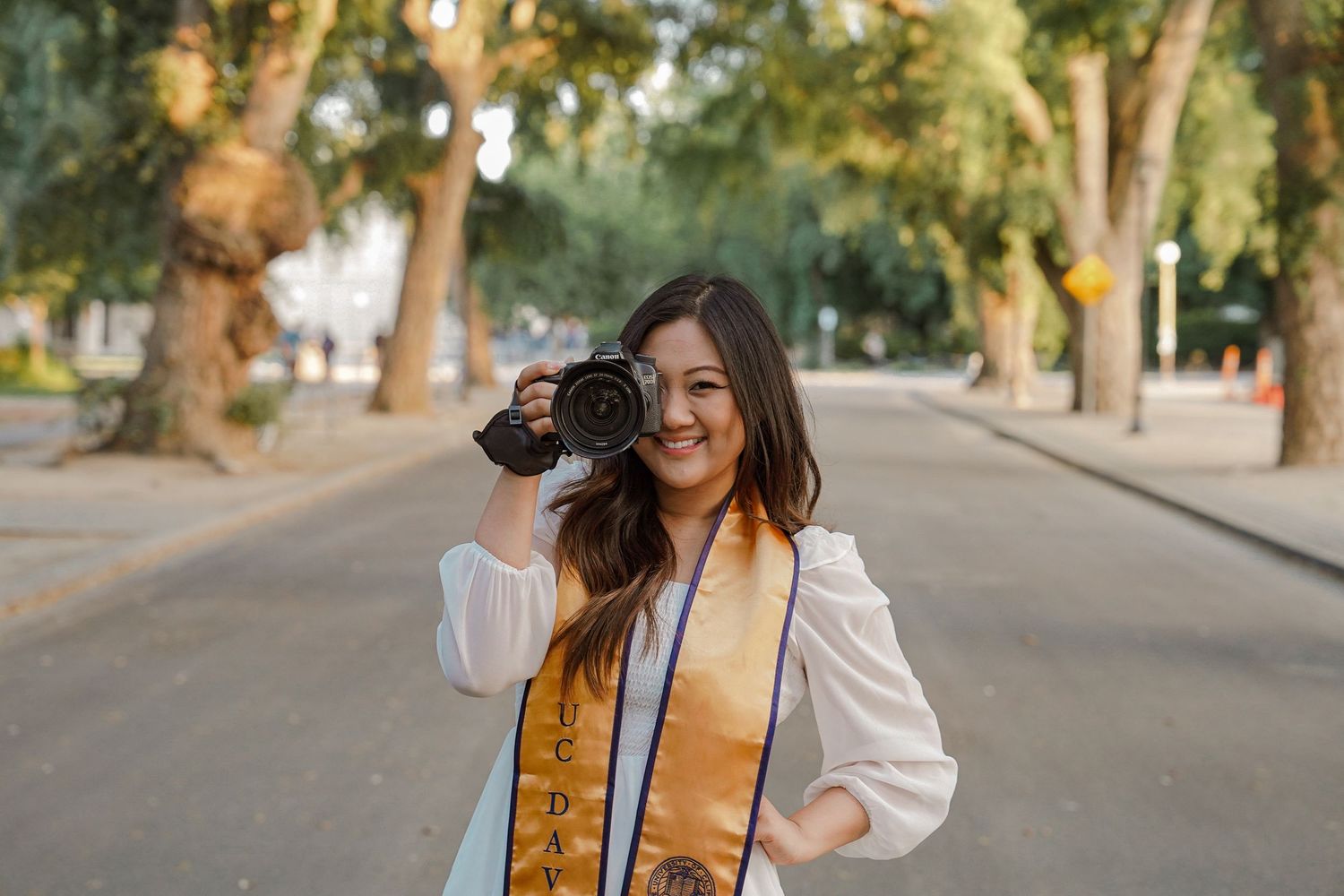 Person taking photos with camera on tree-lined street.