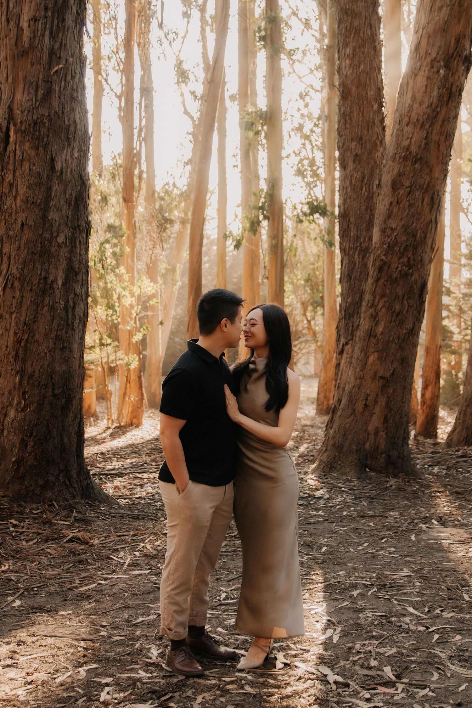 A couple shares romantic moments together in a eucalyptus forest during golden hour.