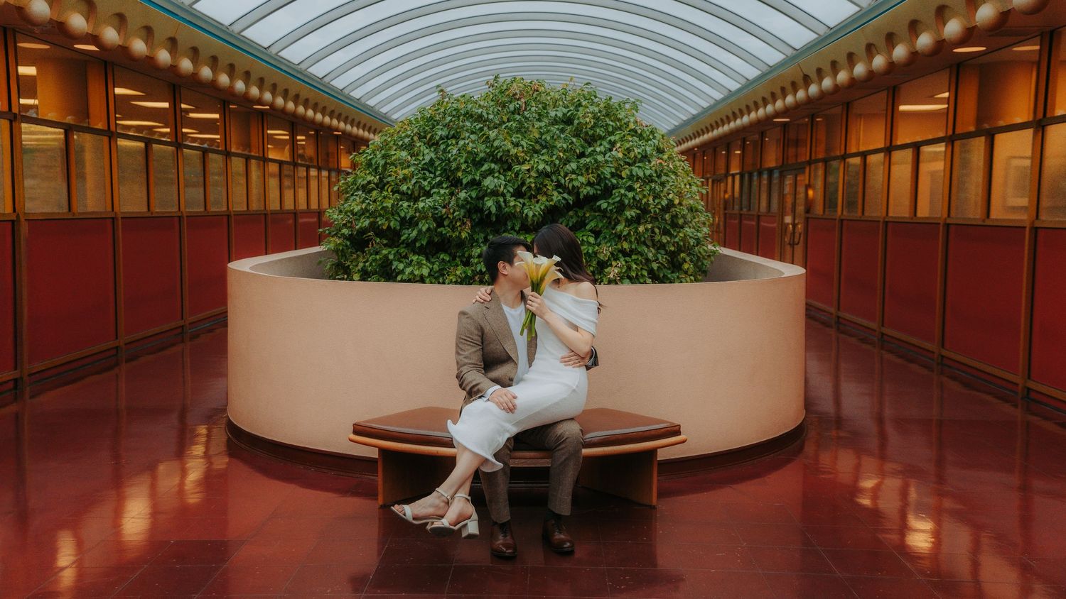 A curved panoramic view of a modern indoor walkway with wood paneling, curved glass ceiling and potted plants.