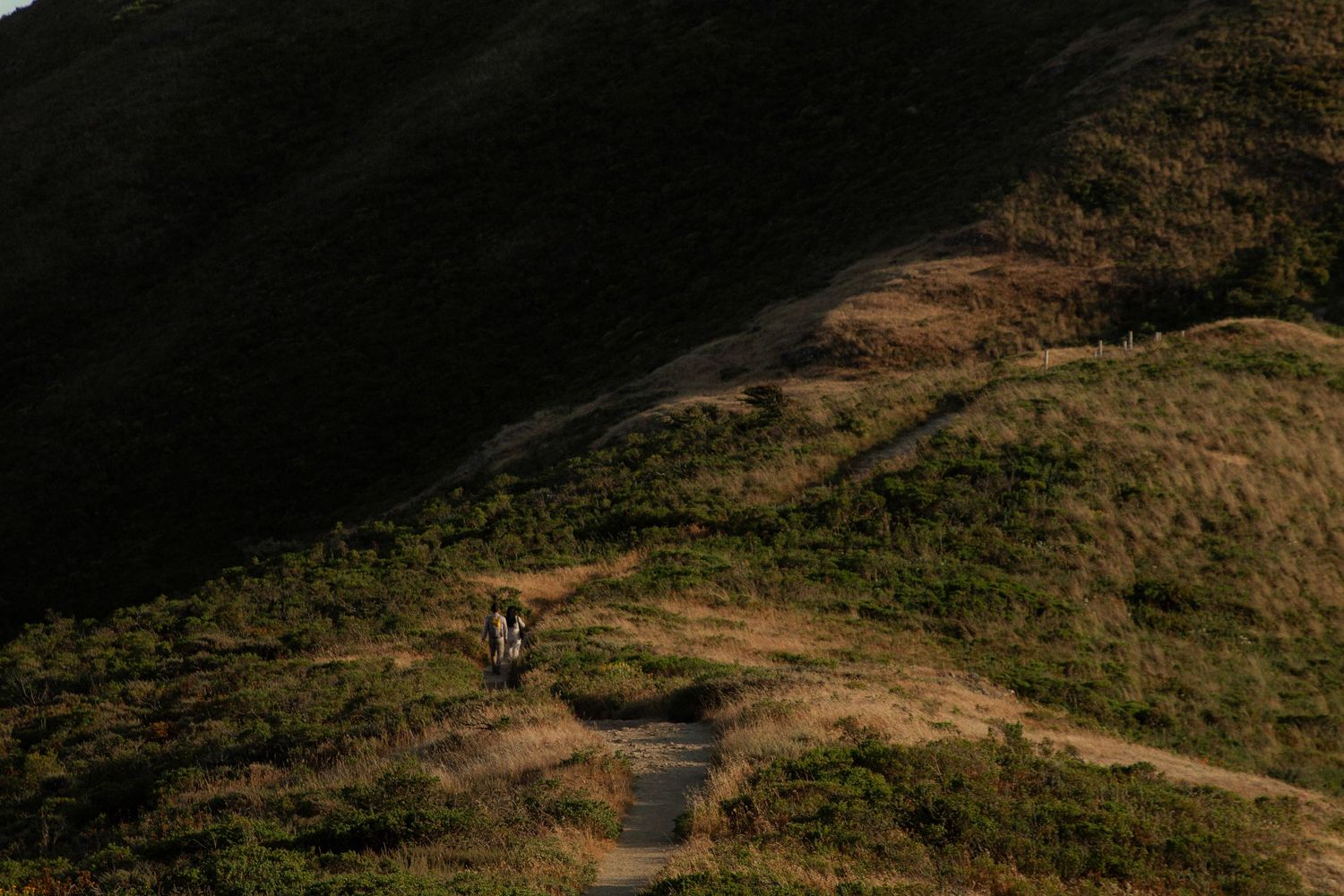 Two hikers walk along a winding mountain trail through golden hills during sunset.