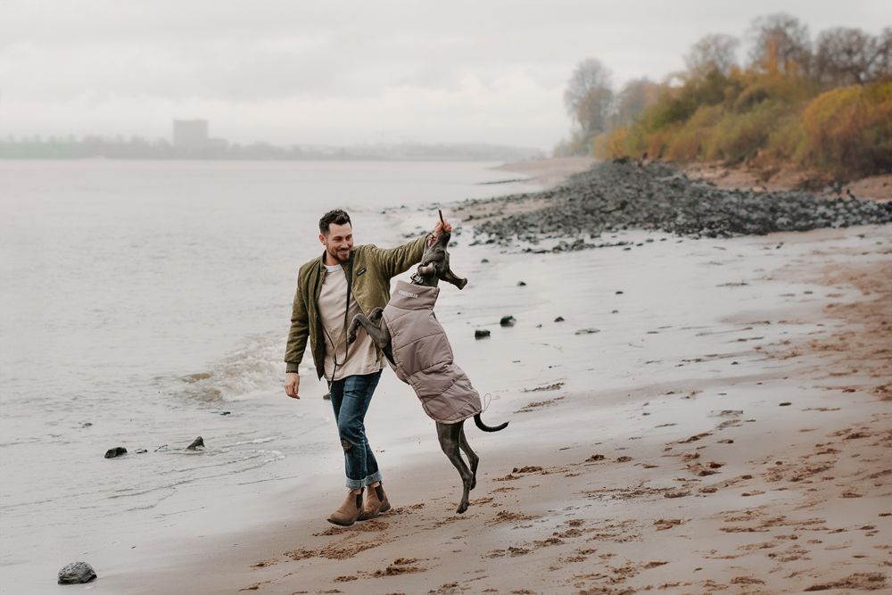 Mann spielt mit Hund an nebliger felsiger Strandküste im Herbst.