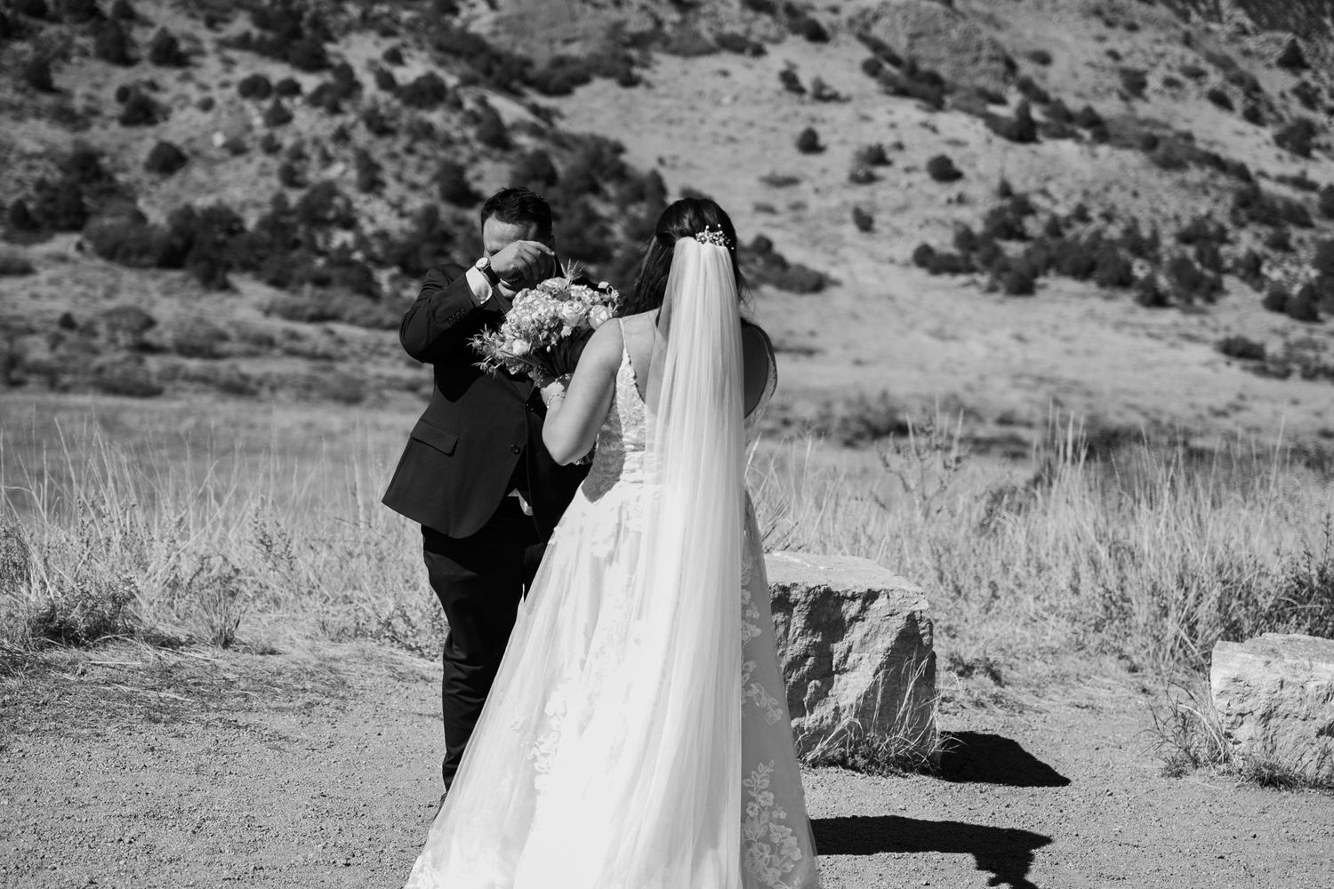 A black and white photo series captures intimate moments between a bride and groom in a scenic outdoor setting.