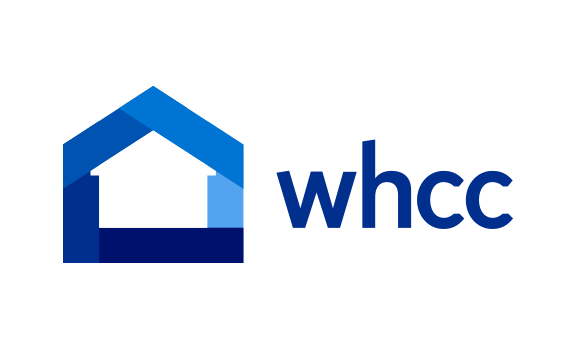 Modern minimalist blue house logo design with 'whcc' text beside it in navy color.