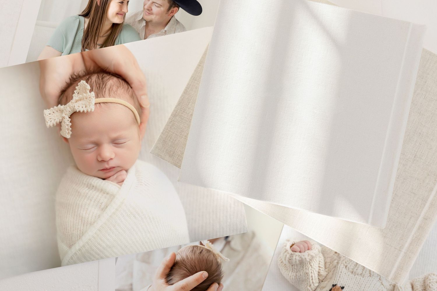 Newborn baby wrapped in cream knit blanket with bow headband, sleeping peacefully in a soft white photography collage.