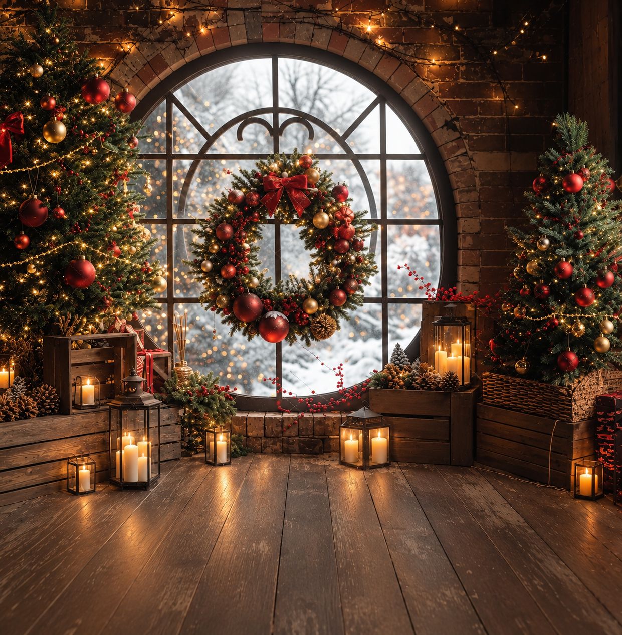 Cozy Christmas room with wreath on arched window, decorated trees, candles, and warm string lights on rustic wood floor.