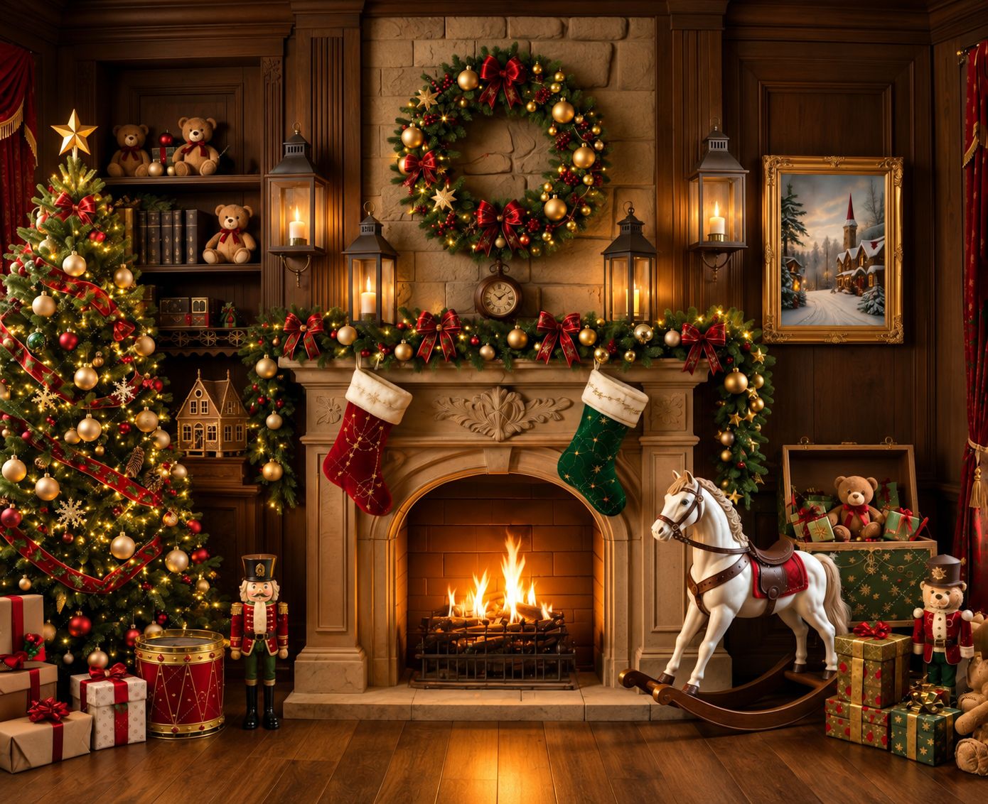 Cozy Christmas fireplace with stockings, wreath, decorated tree, rocking horse, nutcrackers, and wrapped gifts in warm holiday setting.