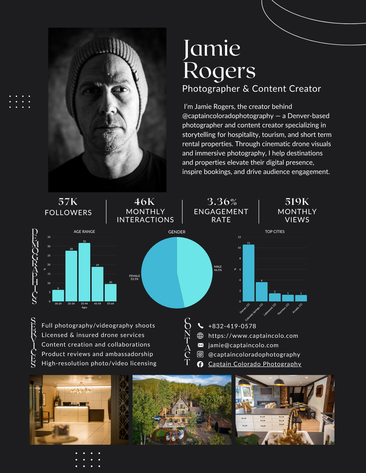 Page 1 of the Media Kit for Jamie Rogers, Denver Hospitality, Travel & Tourism Photographer, Captain Colorado Photography.