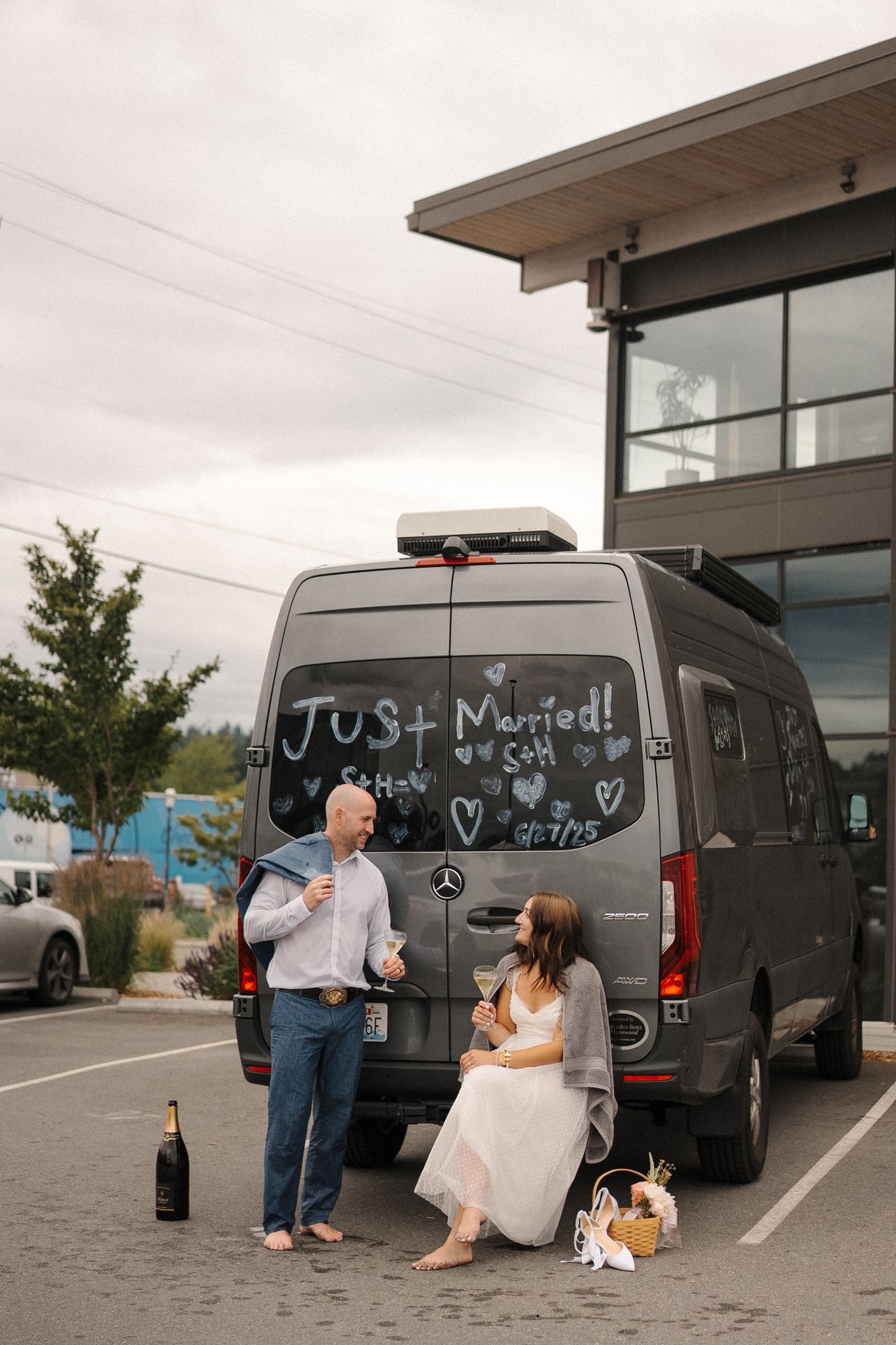 Five sequential photos show a decorated 'Just Married' van and newlyweds in a parking lot on their wedding day.