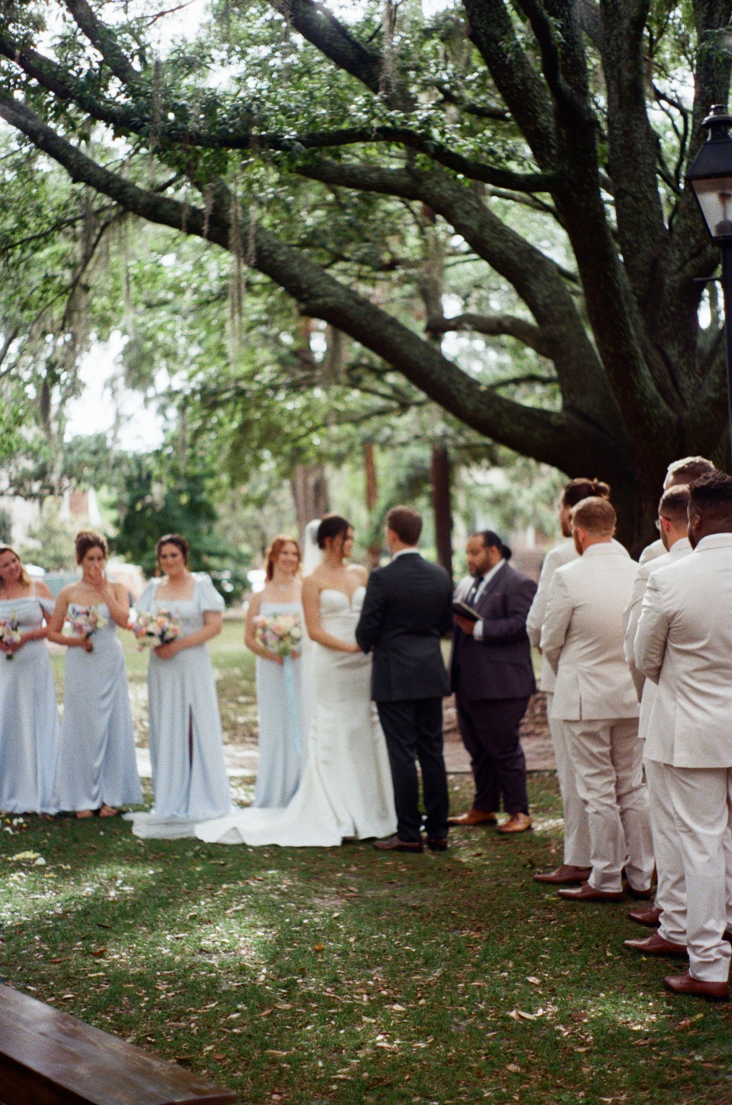 Wedding party in light colored attire gathered under large trees for outdoor ceremony.