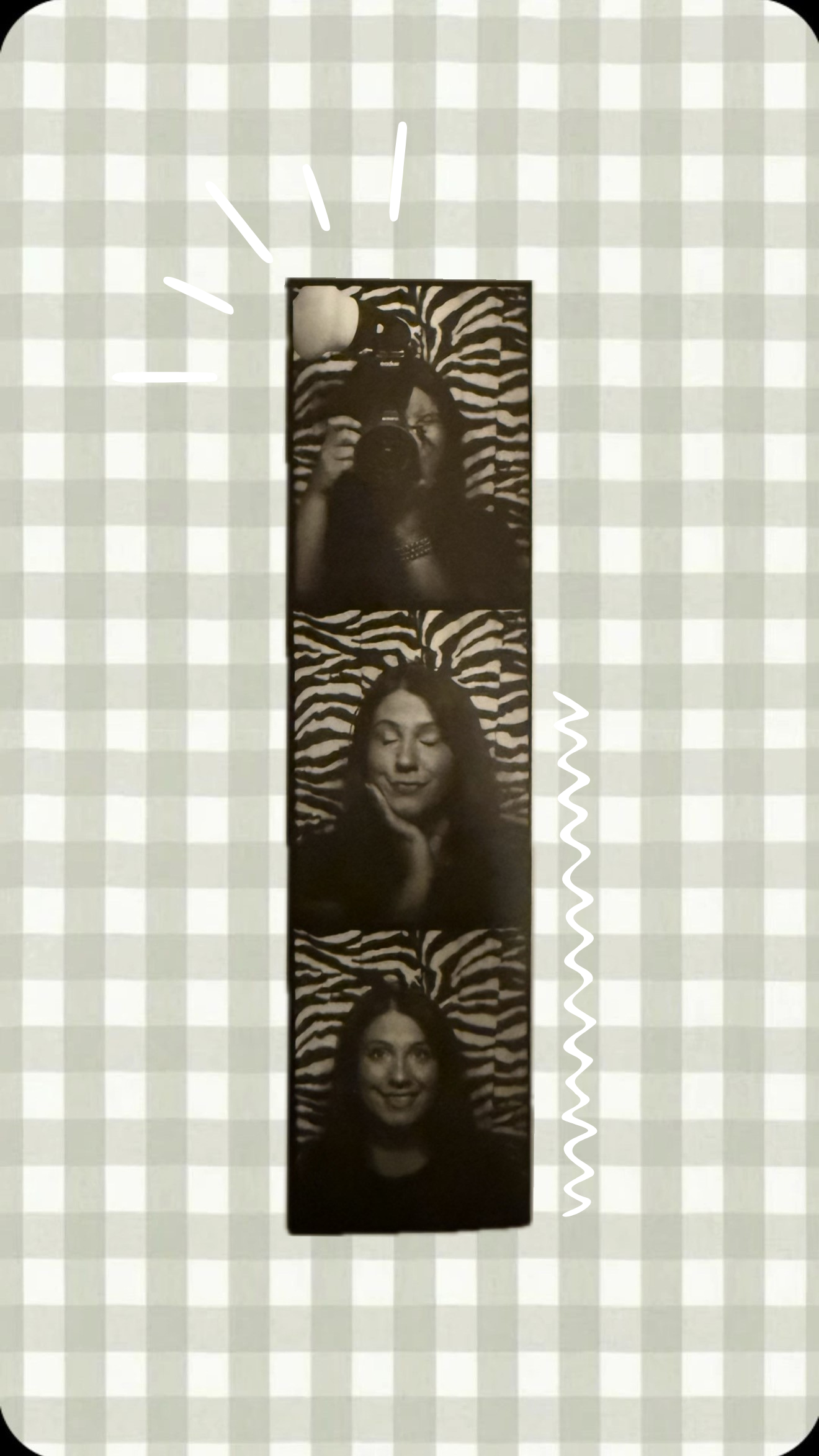 Black and white photo booth strip showing a woman posing three times against a zebra print background on gingham backdrop.