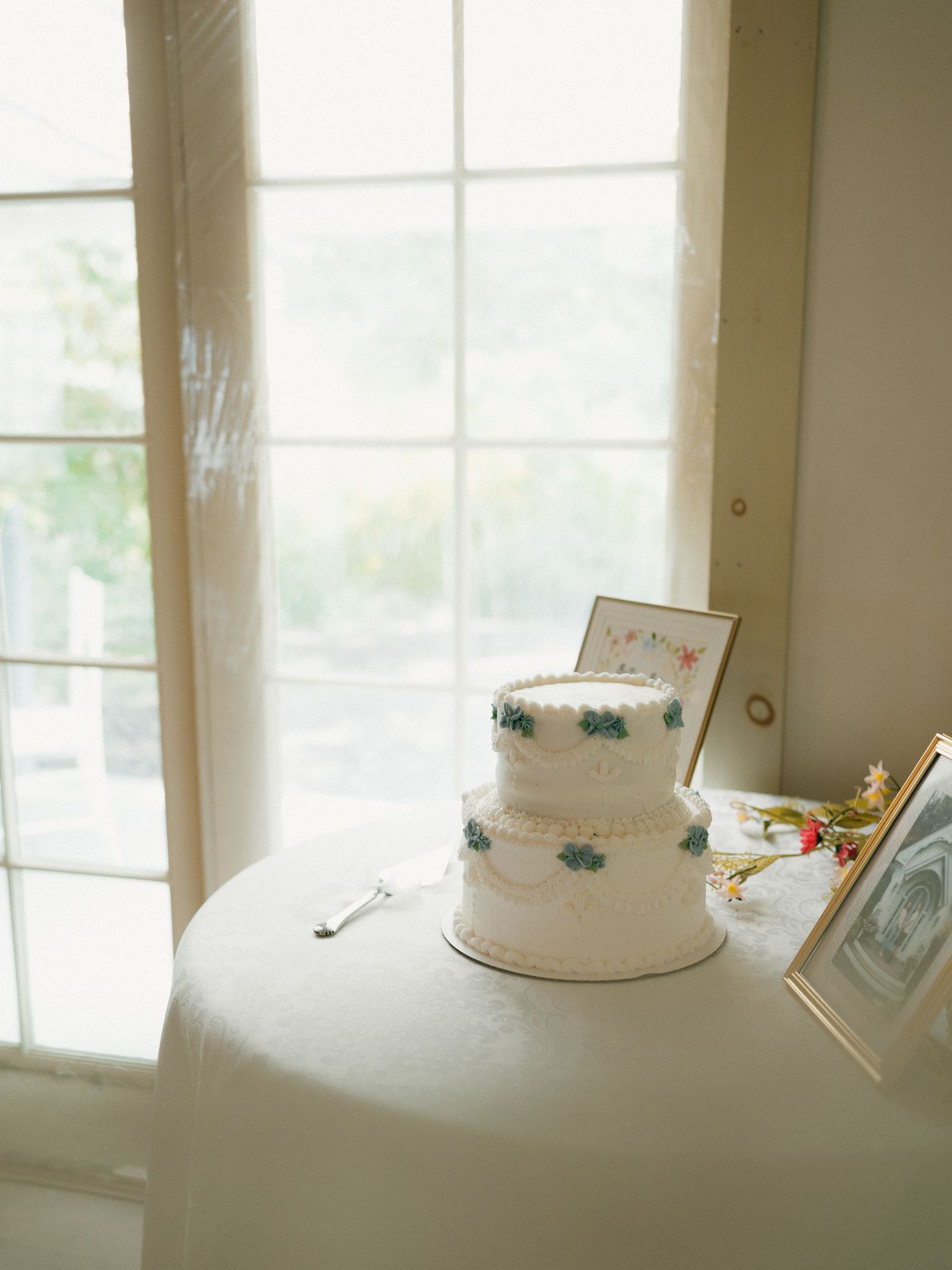 White wedding cake displayed near bright window with delicate blue decorative details.
