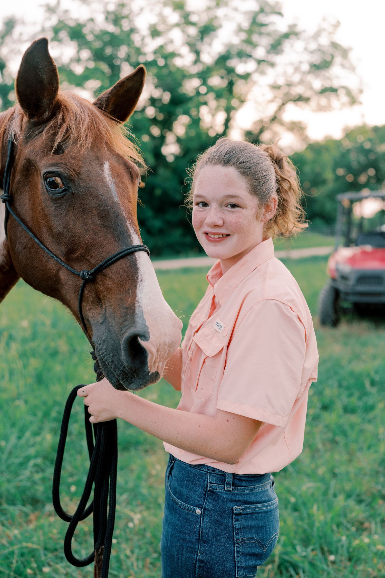 Young person in pink shirt interacting with brown horse in grassy field.