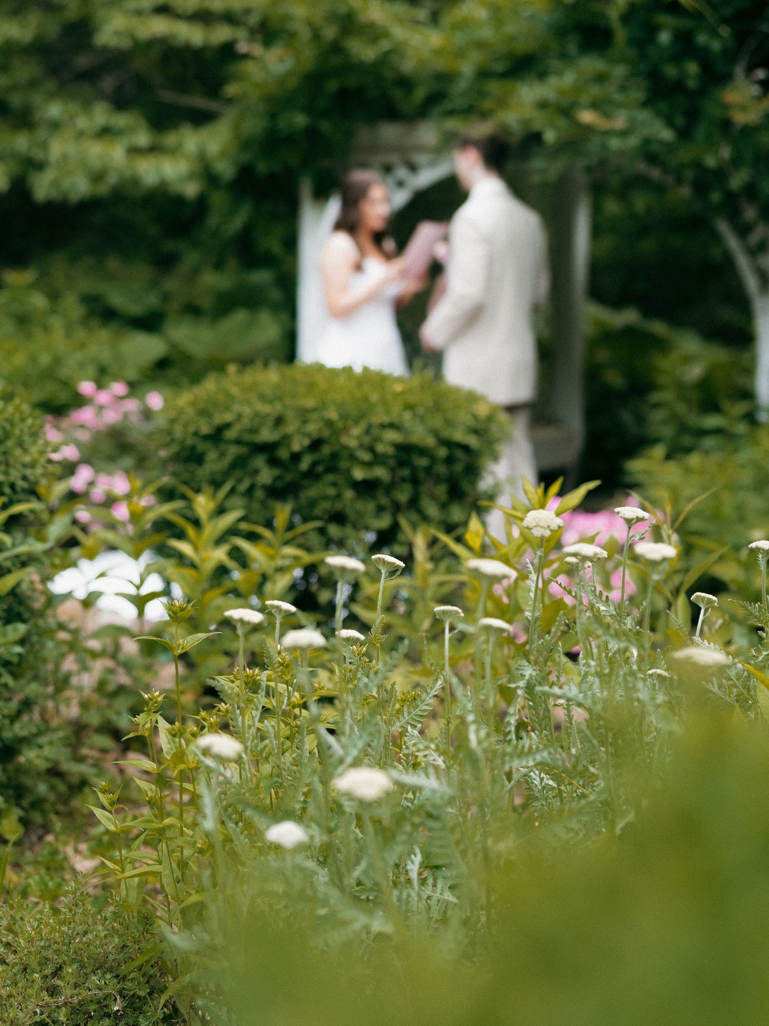 Garden wedding photography session among blooming flowers and lush greenery.