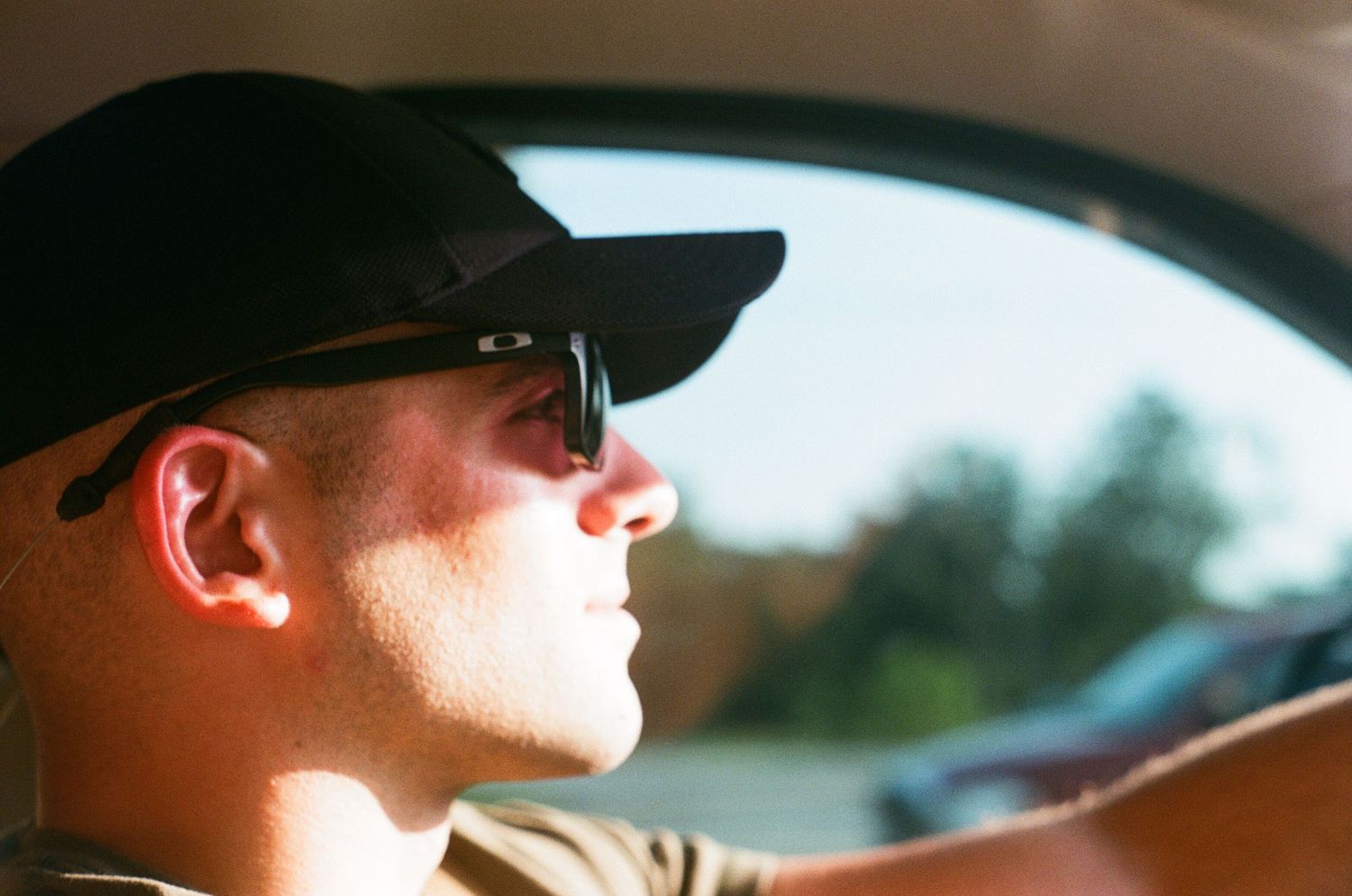 Side view through car window showing sunlit countryside scenery.