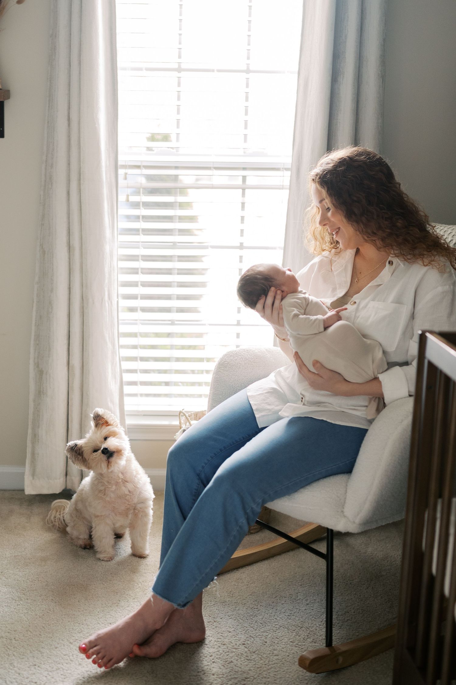 A white dog sits near a rocking chair by a window in a cozy nursery room.