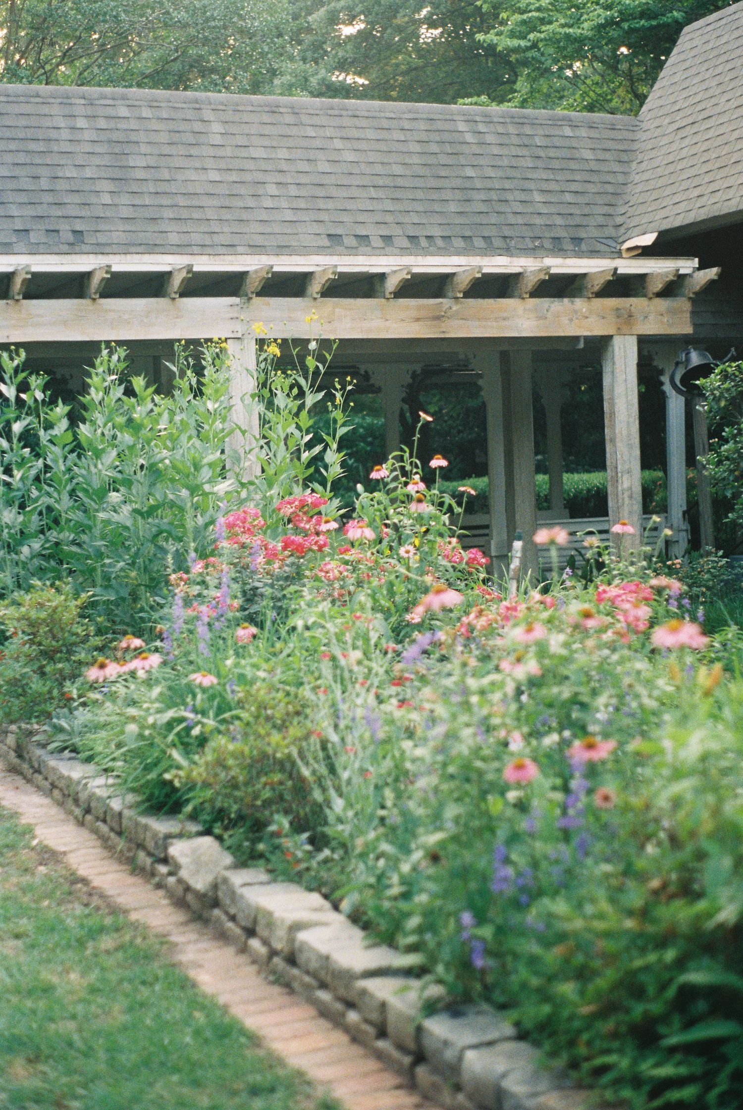 Beautiful garden pathway lined with colorful flowers and stone edging.