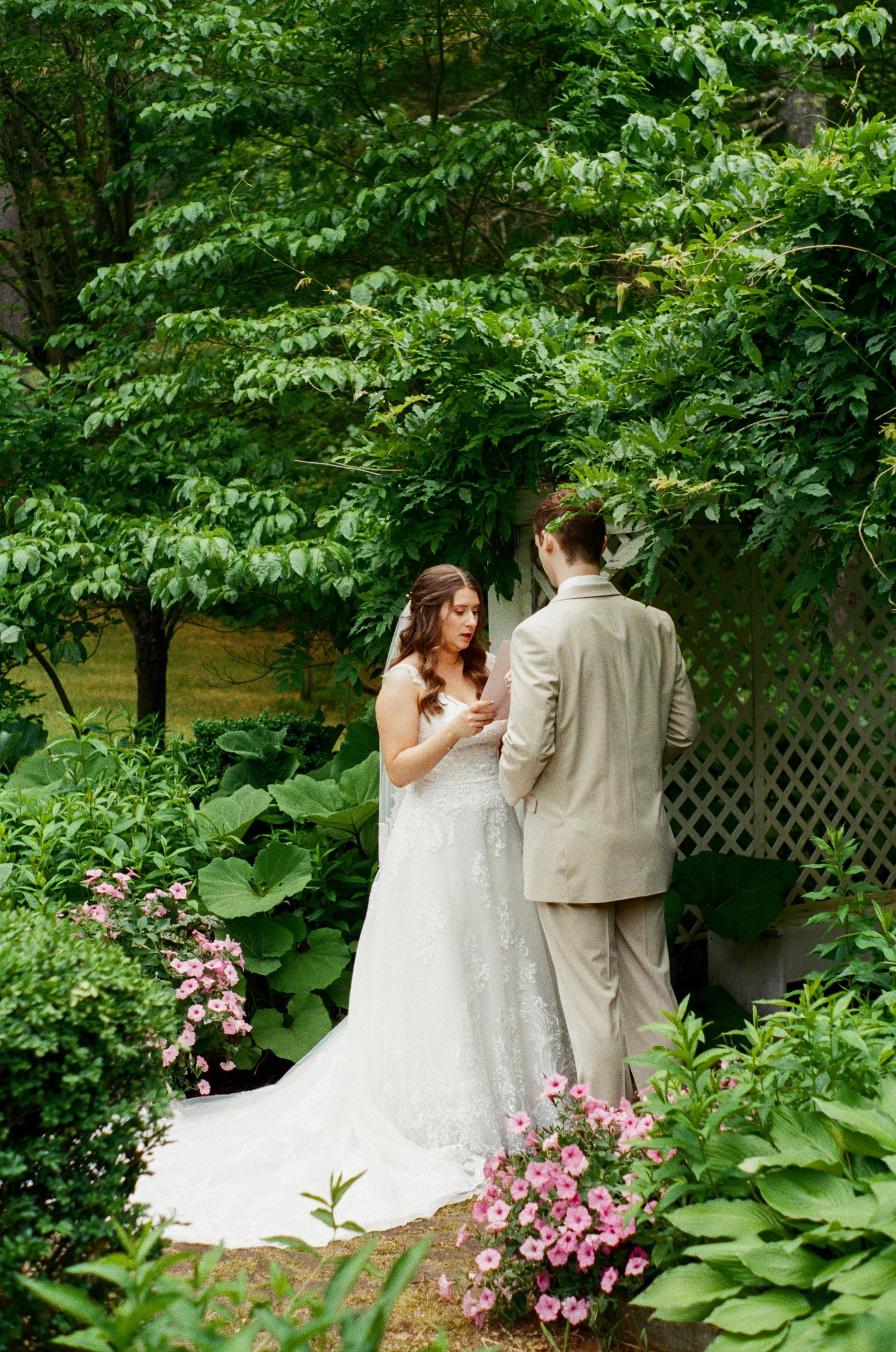 A romantic garden wedding moment captured beneath a lattice arbor with blooming pink flowers.