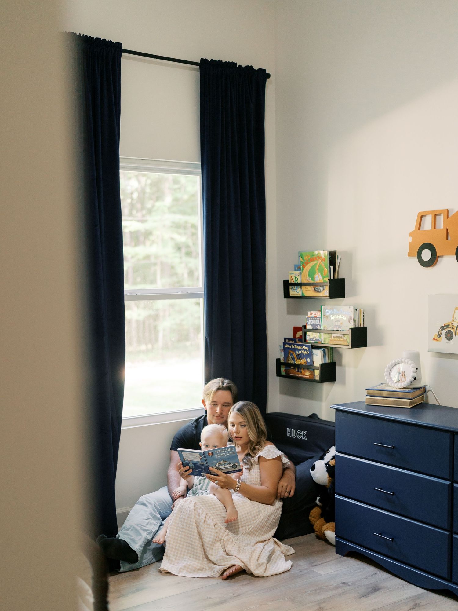 A tender family moment captured in a series of photos showing affectionate interaction in a bedroom setting.